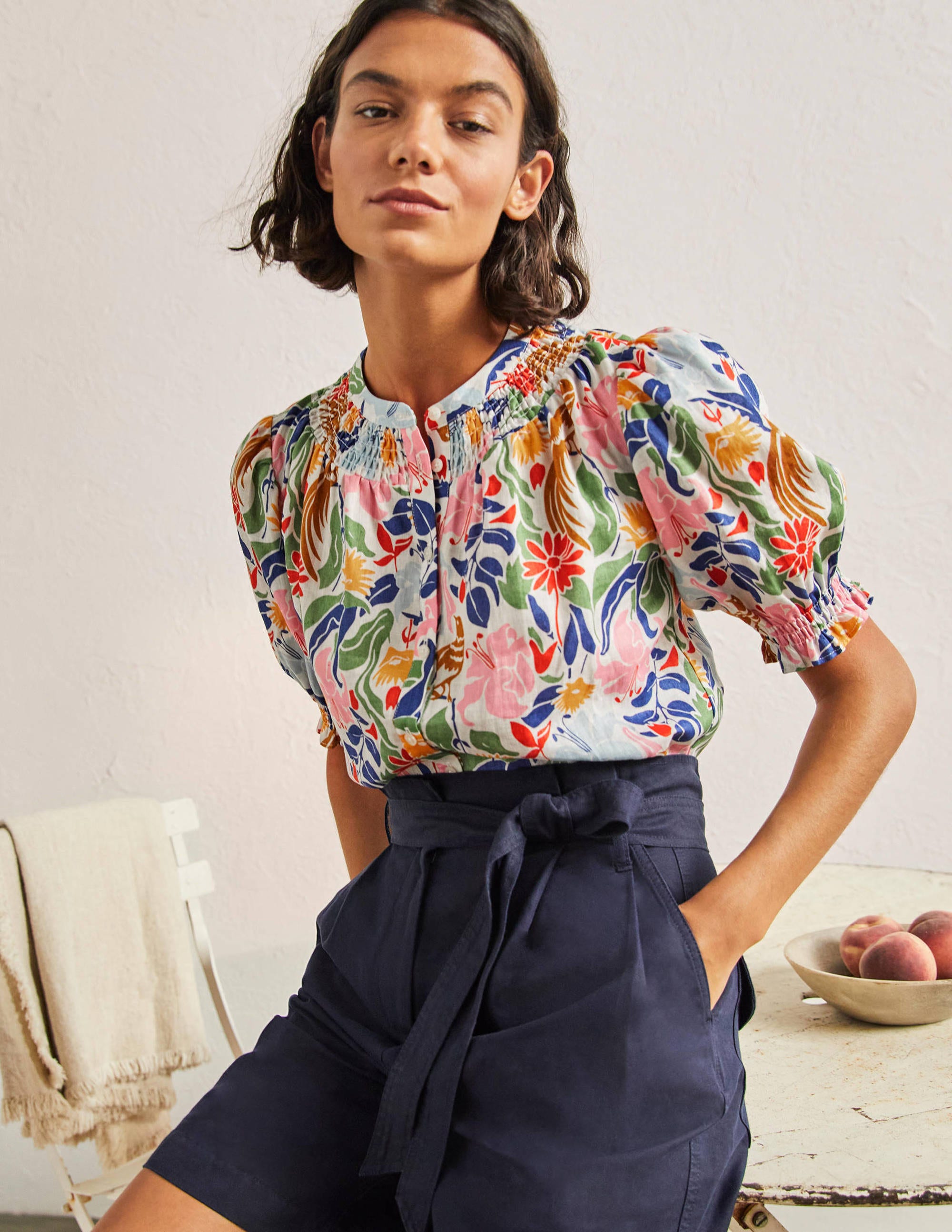 Smocked Short Sleeve Blouse-Ivory, Oriental Bird - Image 4
