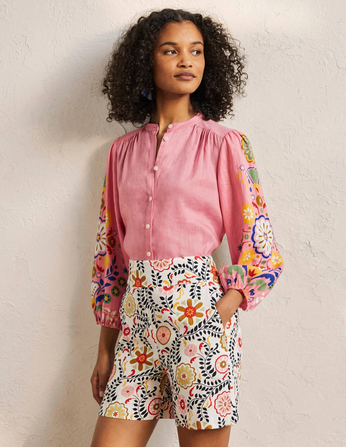 Becky Full Sleeve Linen Blouse-Formica Pink, Opulent Garden-1