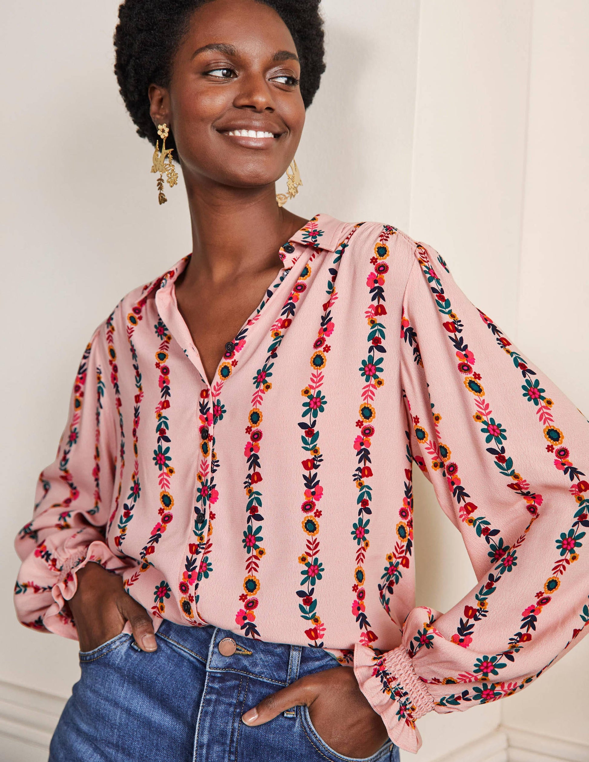 Smocking Detail Blouse-Milkshake, Flora Bloom-1