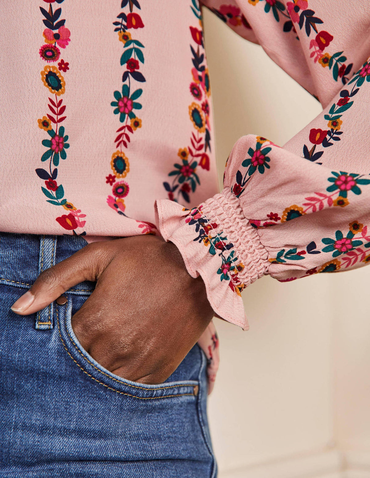 Smocking Detail Blouse-Milkshake, Flora Bloom - Image 2
