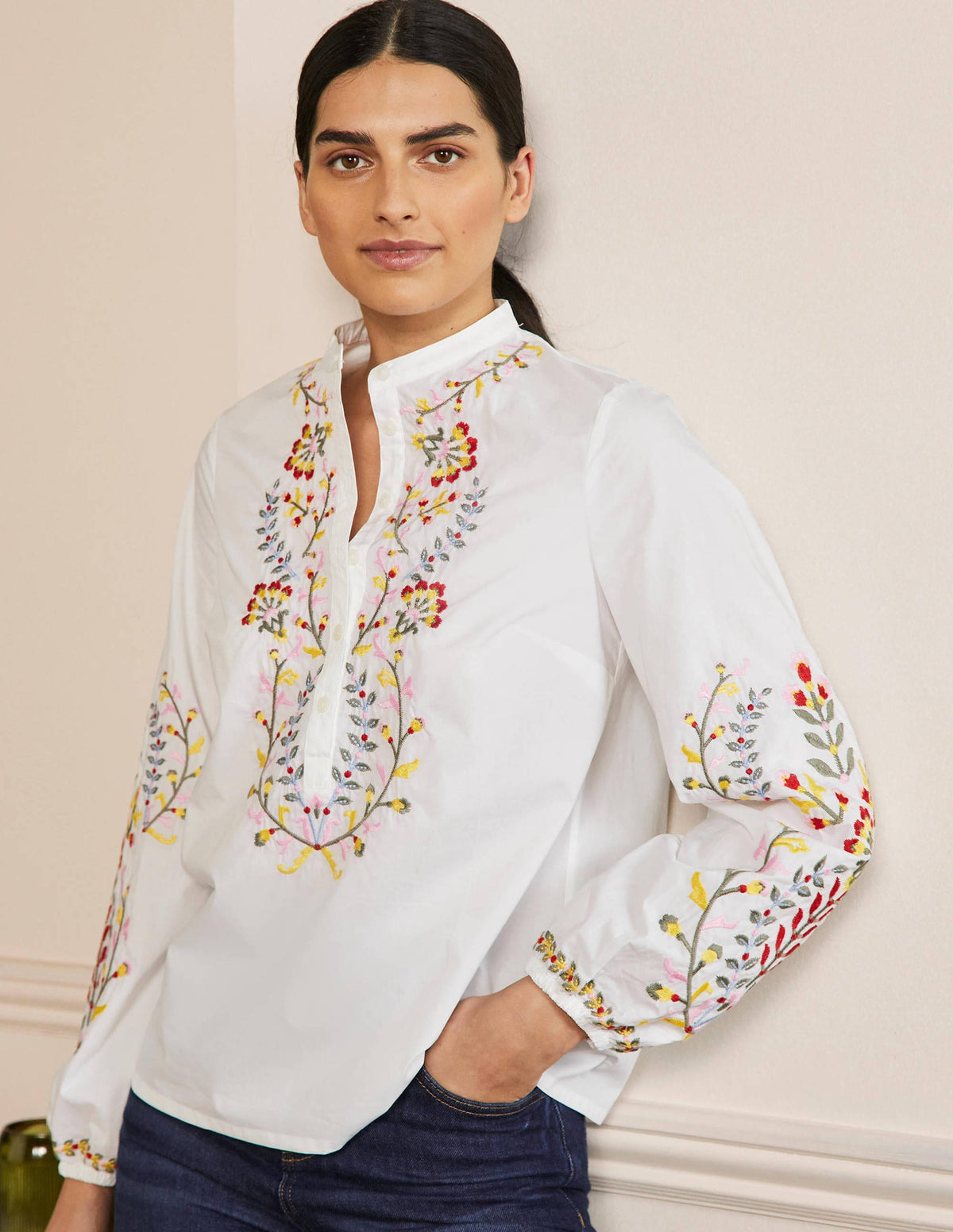 Blouse imprimée et brodée-Blanc - Image 4