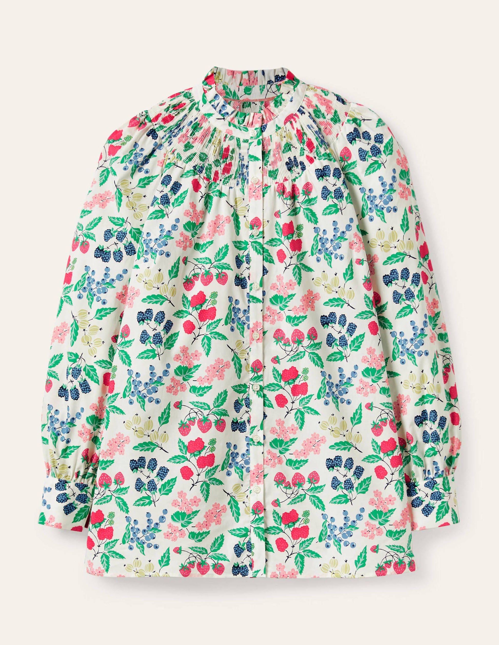 Chemise col montant à smocks-Ivoire, motif Fruit Vine-5