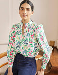 Chemise col montant à smocks-Ivoire, motif Fruit Vine
