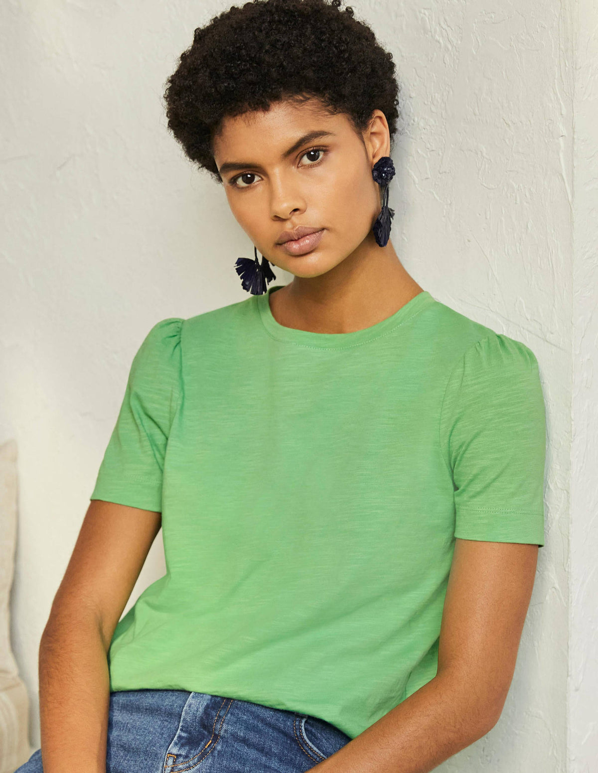 T-shirt en coton à manches bouffantes-Vert zéphyr - Image 1