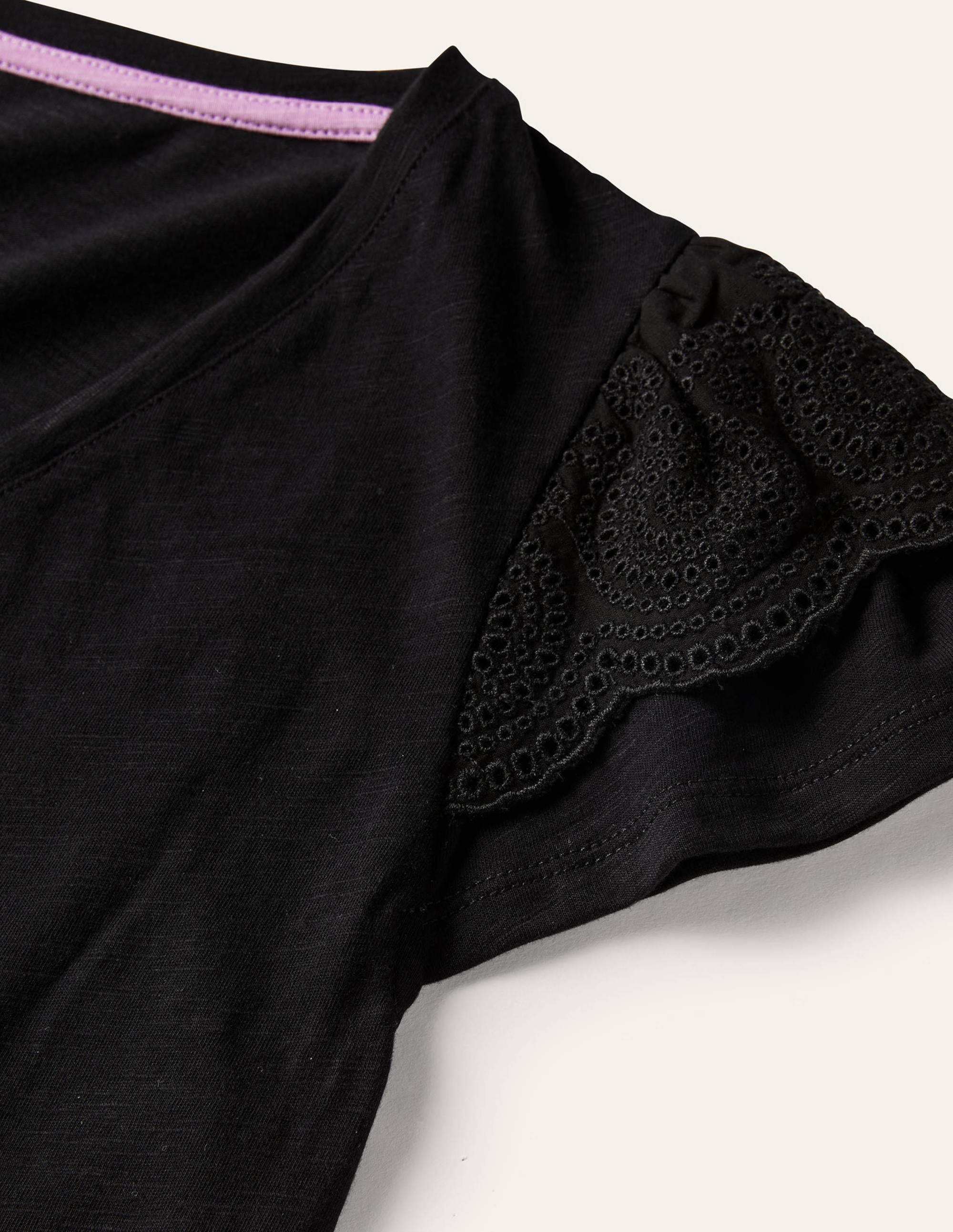 T-shirt en coton à broderie anglaise et col en V-Noir - Image 5