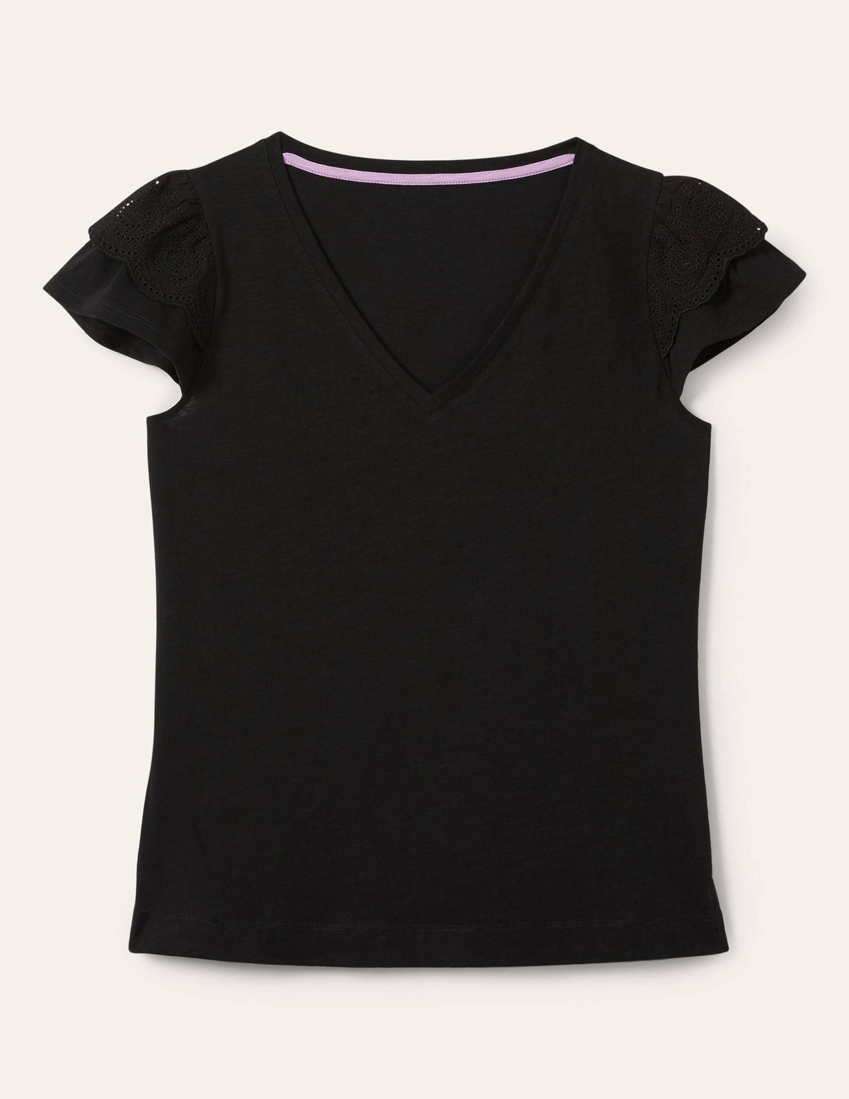 T-shirt en coton à broderie anglaise et col en V-Noir-6