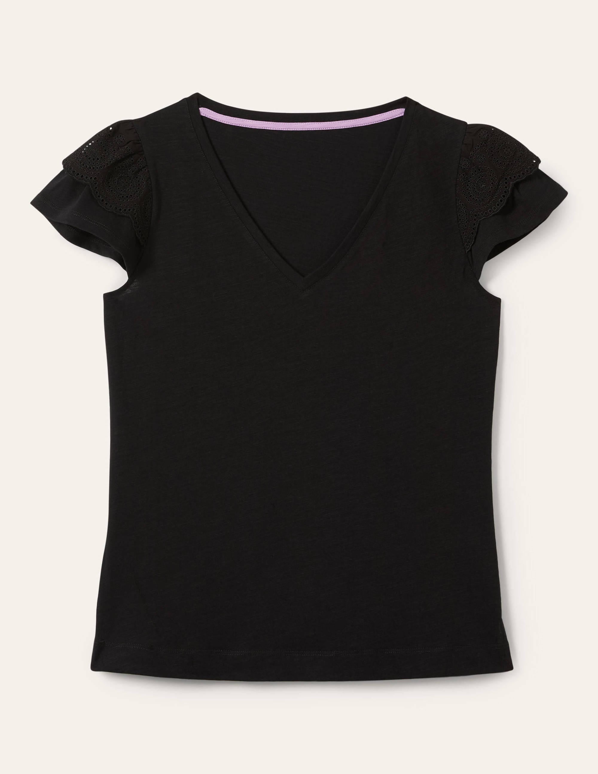 T-shirt en coton à broderie anglaise et col en V-Noir - Image 6