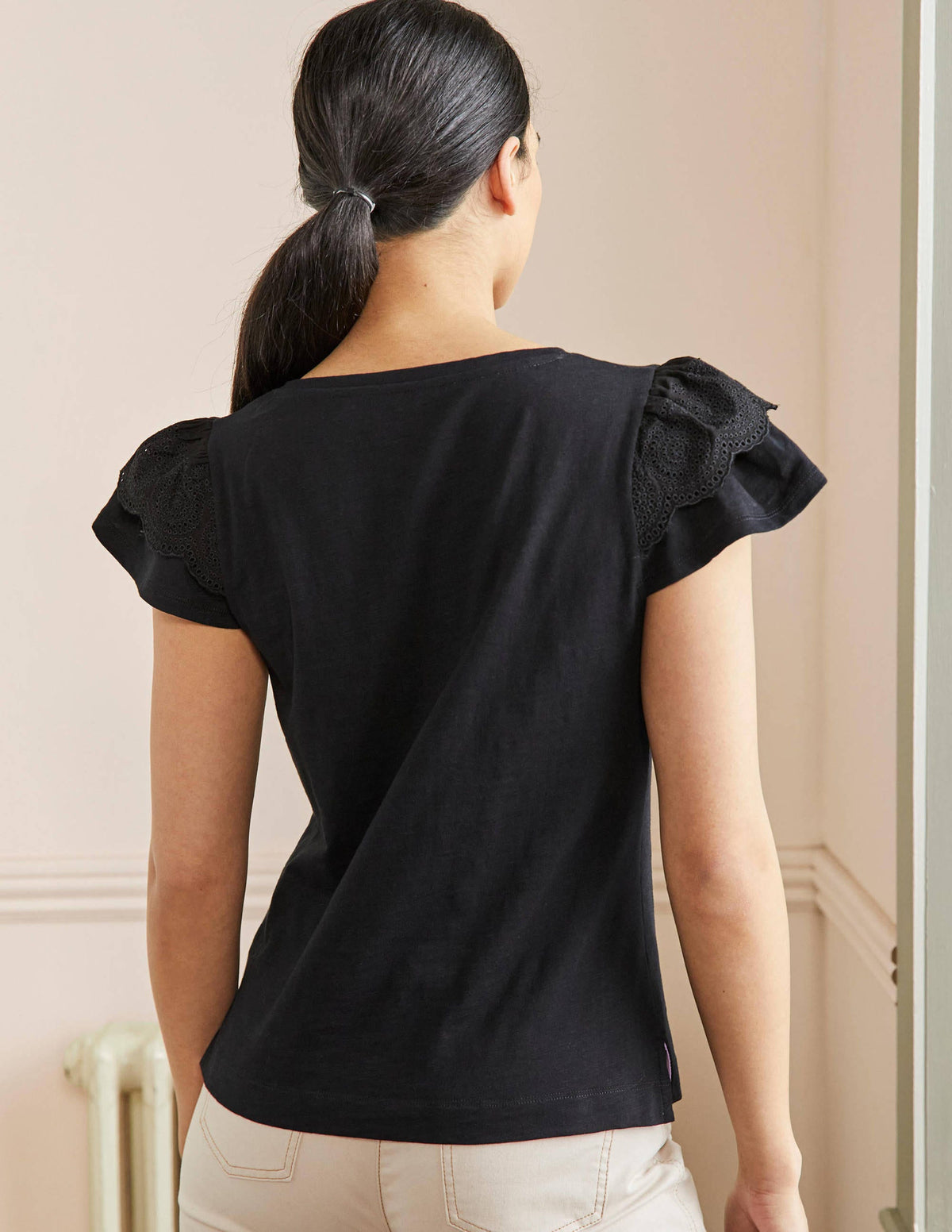 T-shirt en coton à broderie anglaise et col en V-Noir - Image 3