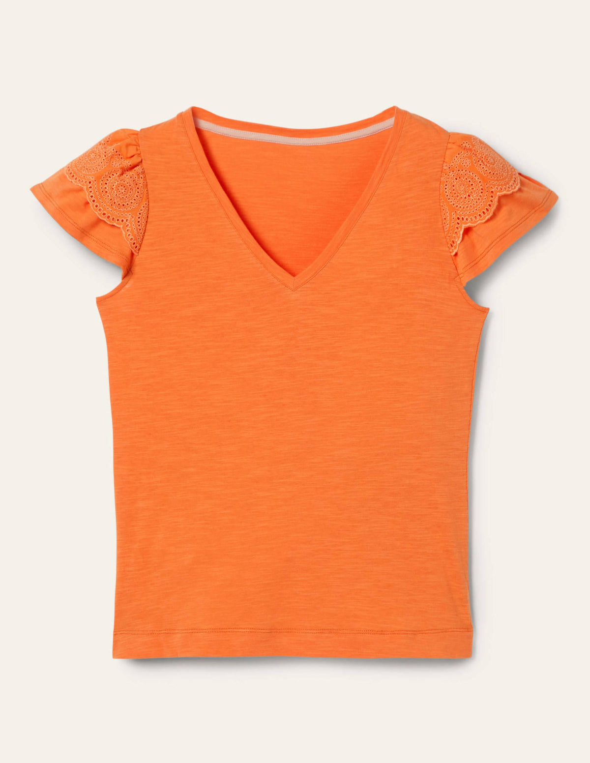 Baumwoll-T-Shirt mit V-Ausschnitt und Lockstickerei-Gedecktes Orange - Image 5