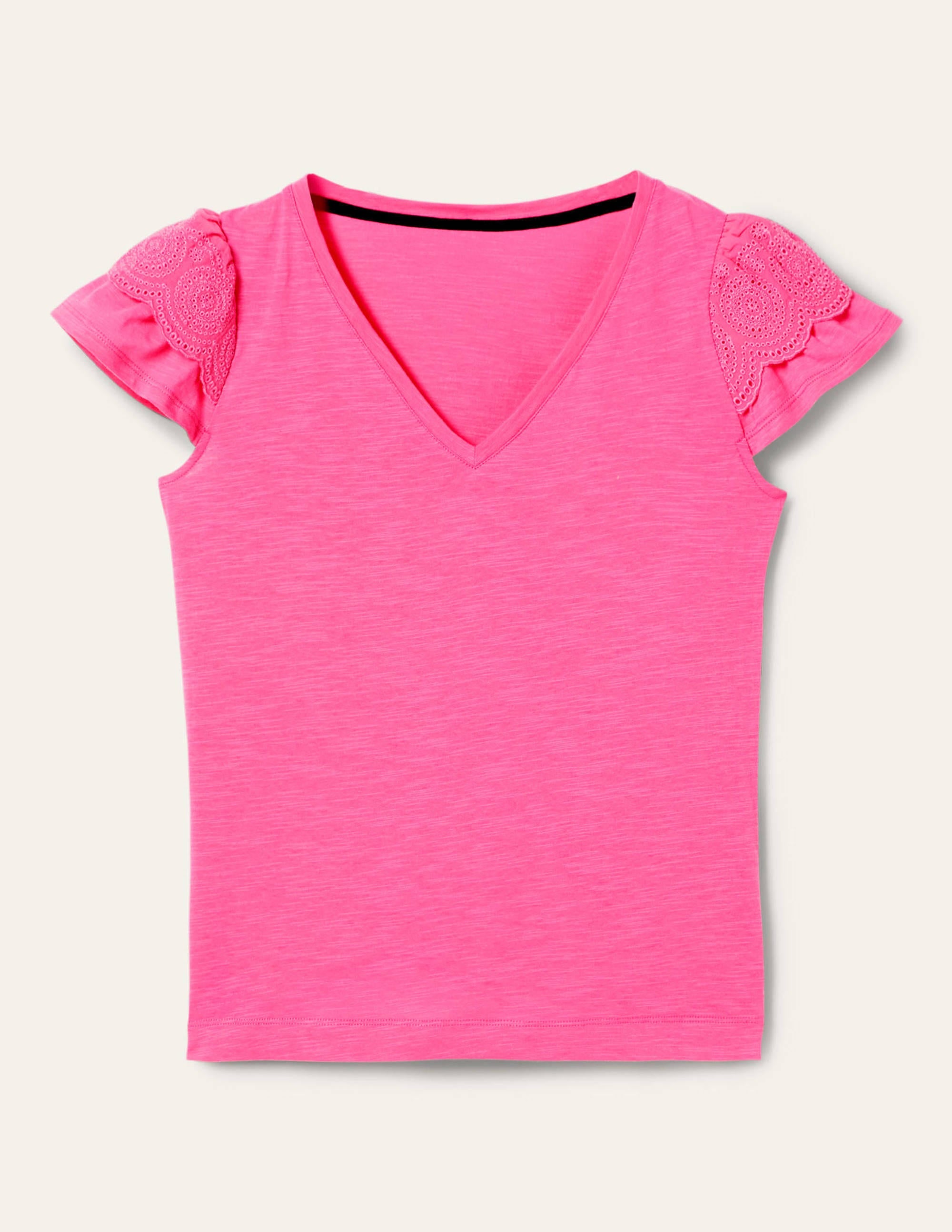 Baumwoll-T-Shirt mit V-Ausschnitt und Lockstickerei-Festivalrosa - Image 5