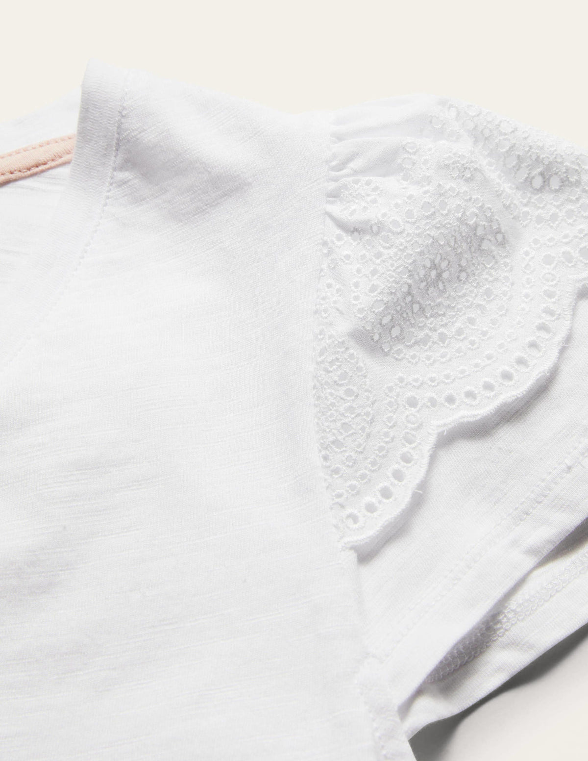 Broderie Cotton V-Neck T-Shirt-White-5