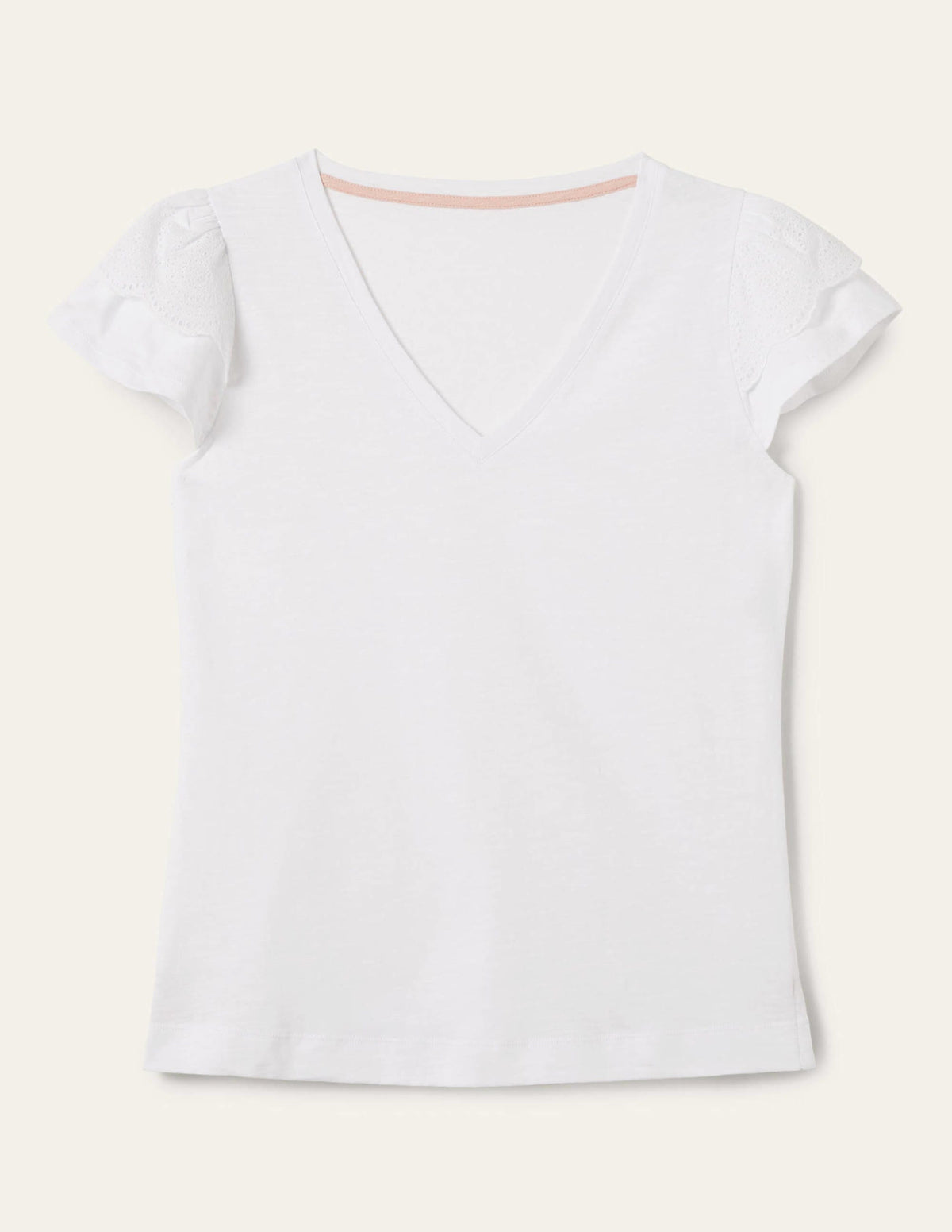 Broderie Cotton V-Neck T-Shirt-White-6