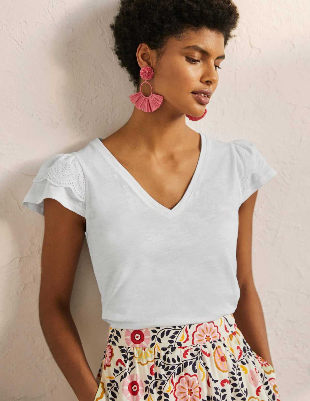 Broderie Cotton V-Neck T-Shirt-White-1