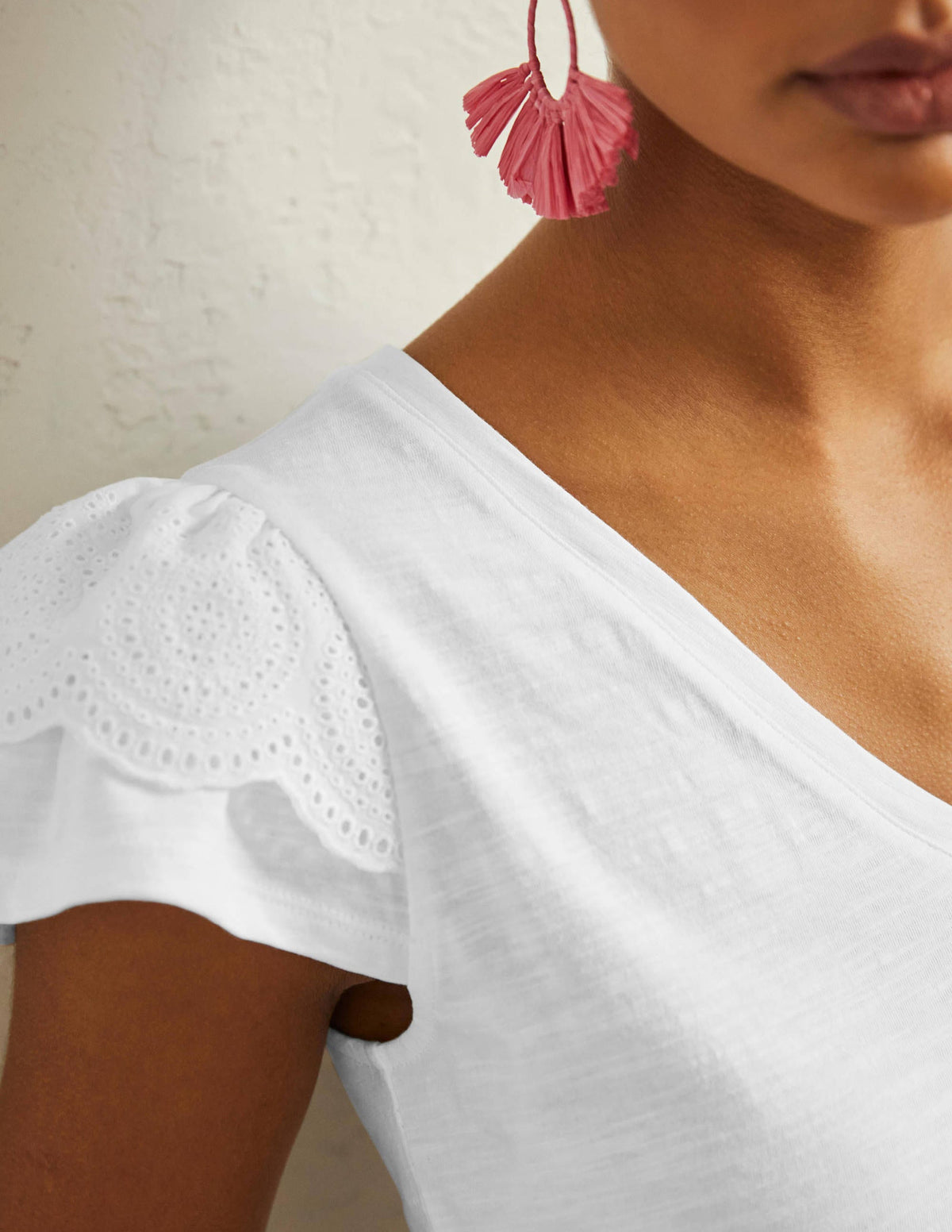 Broderie Cotton V-Neck T-Shirt-White-2