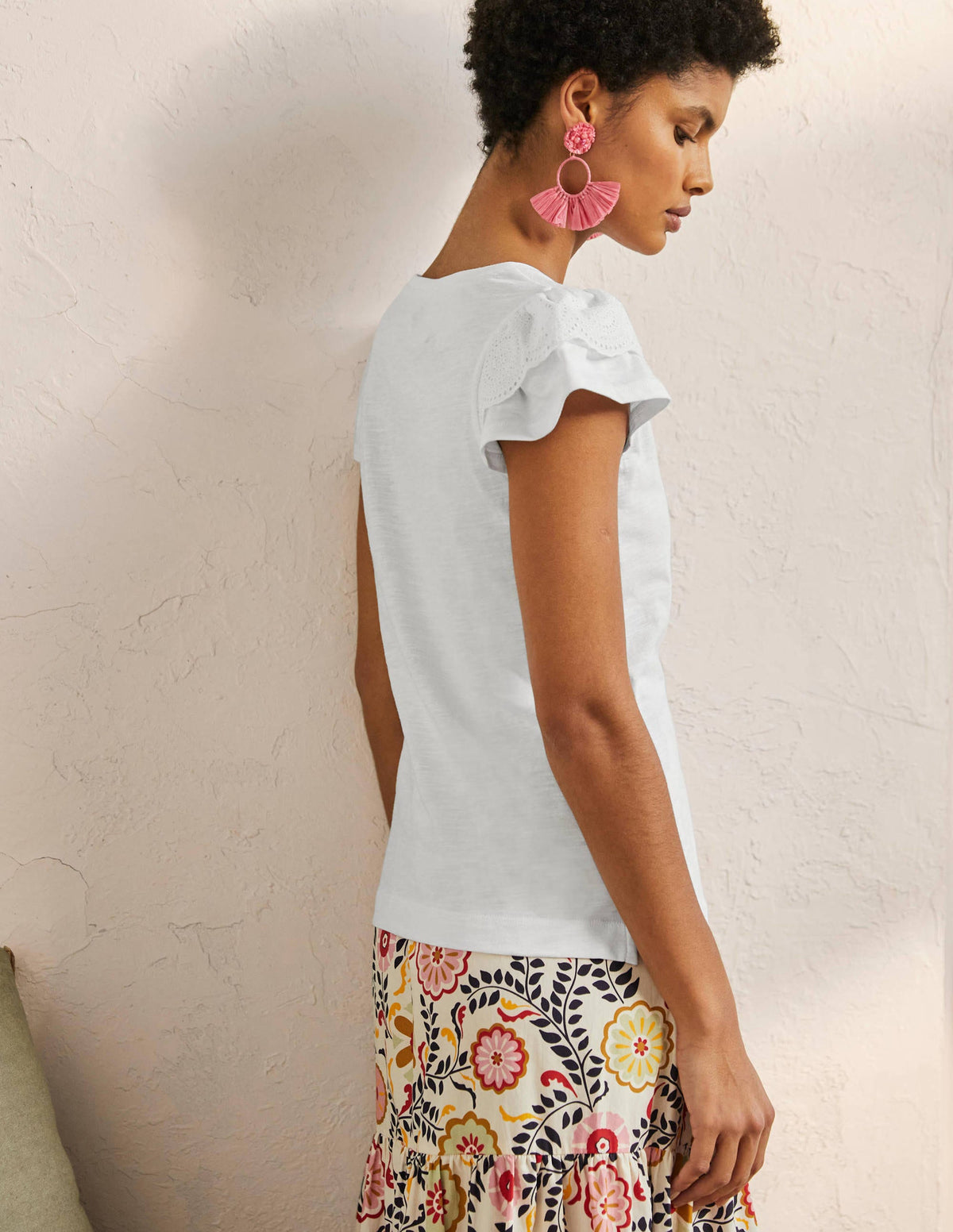 Broderie Cotton V-Neck T-Shirt-White-3