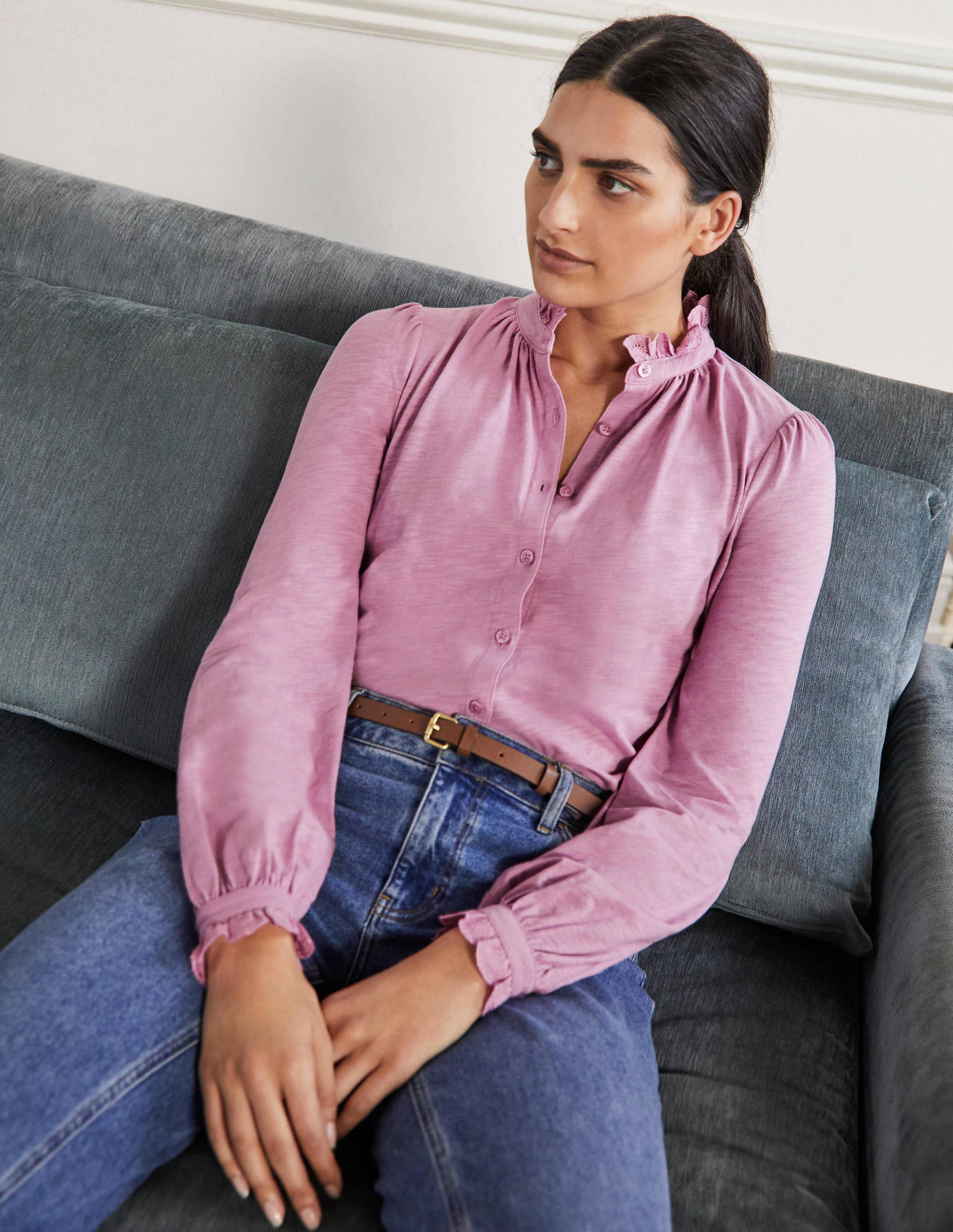 Broderie Trim Jersey Shirt-Orchid Haze-4