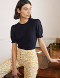 T-shirt en lin avec manches à broderie anglaise-Bleu marine