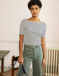 Superweiches T-Shirt mit rundem Rückenausschnitt-Naturweiß/Navy, Gestreift