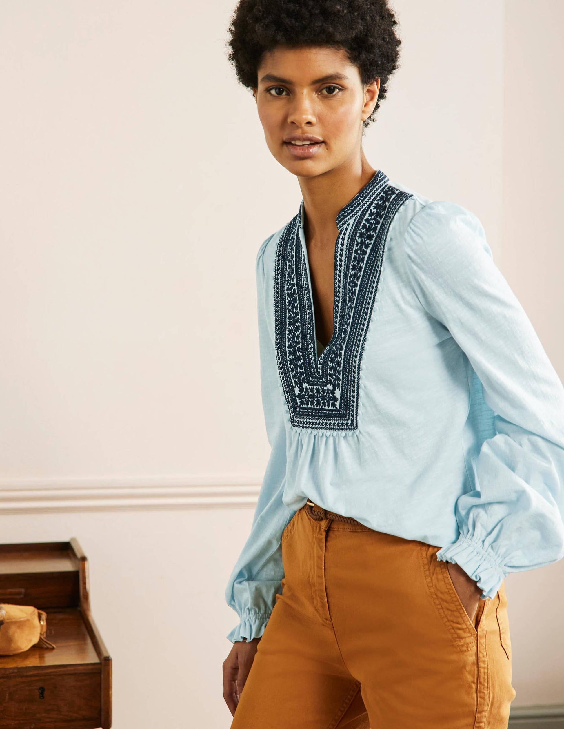 Embroidered Notch Neck Top-Dawn Sky, Embroidered-1