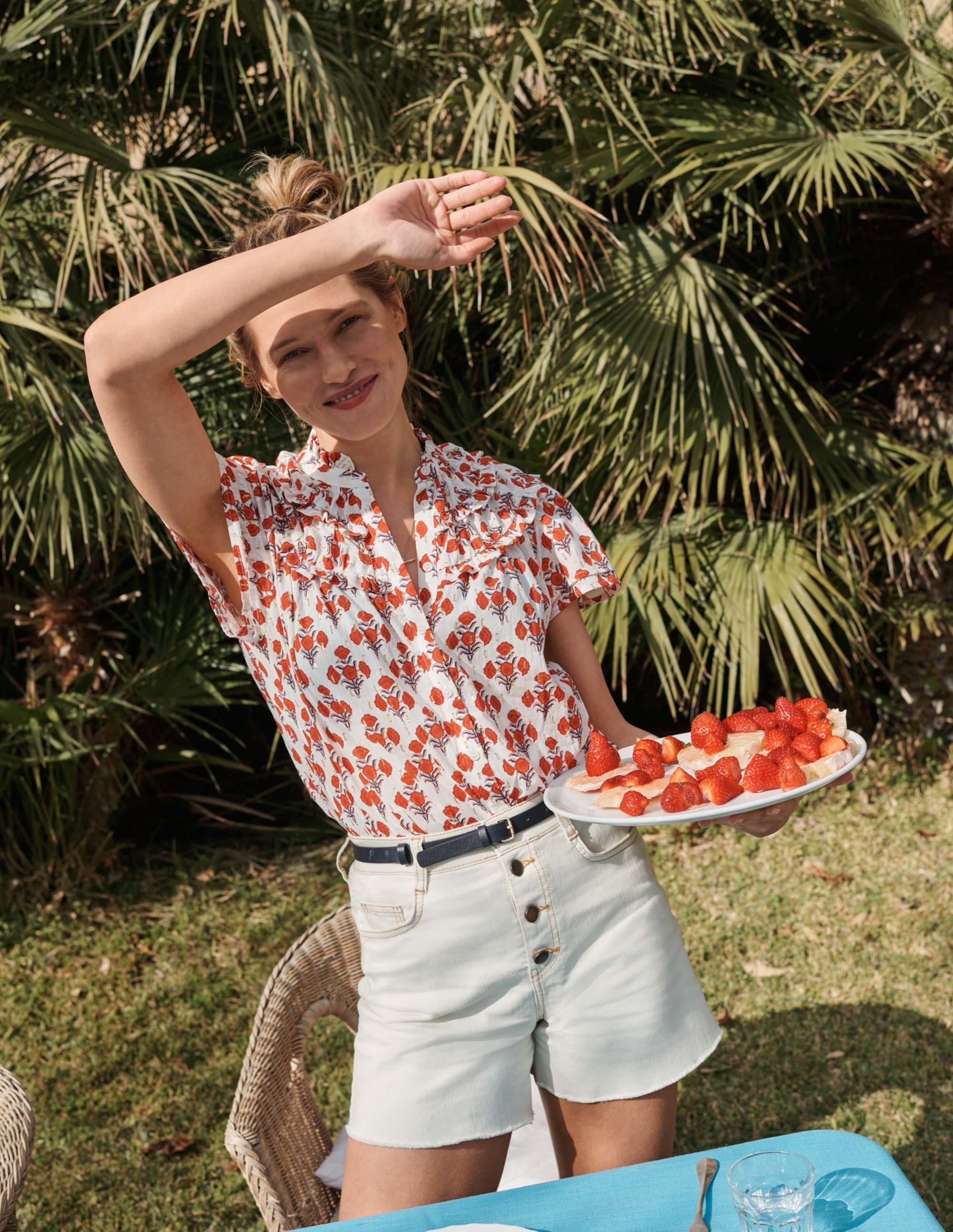 Metallic-Bluse mit Raffungen-Chili-Rot, Geometrisches Blumenmuster - Image 7
