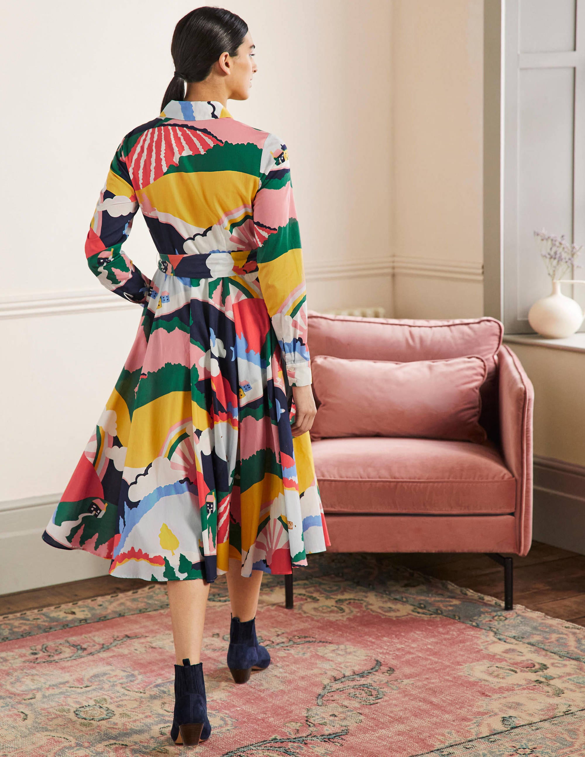 Kitty Midi-Hemdblusenkleid-Französisches Navy, Wiesenszene - Image 3