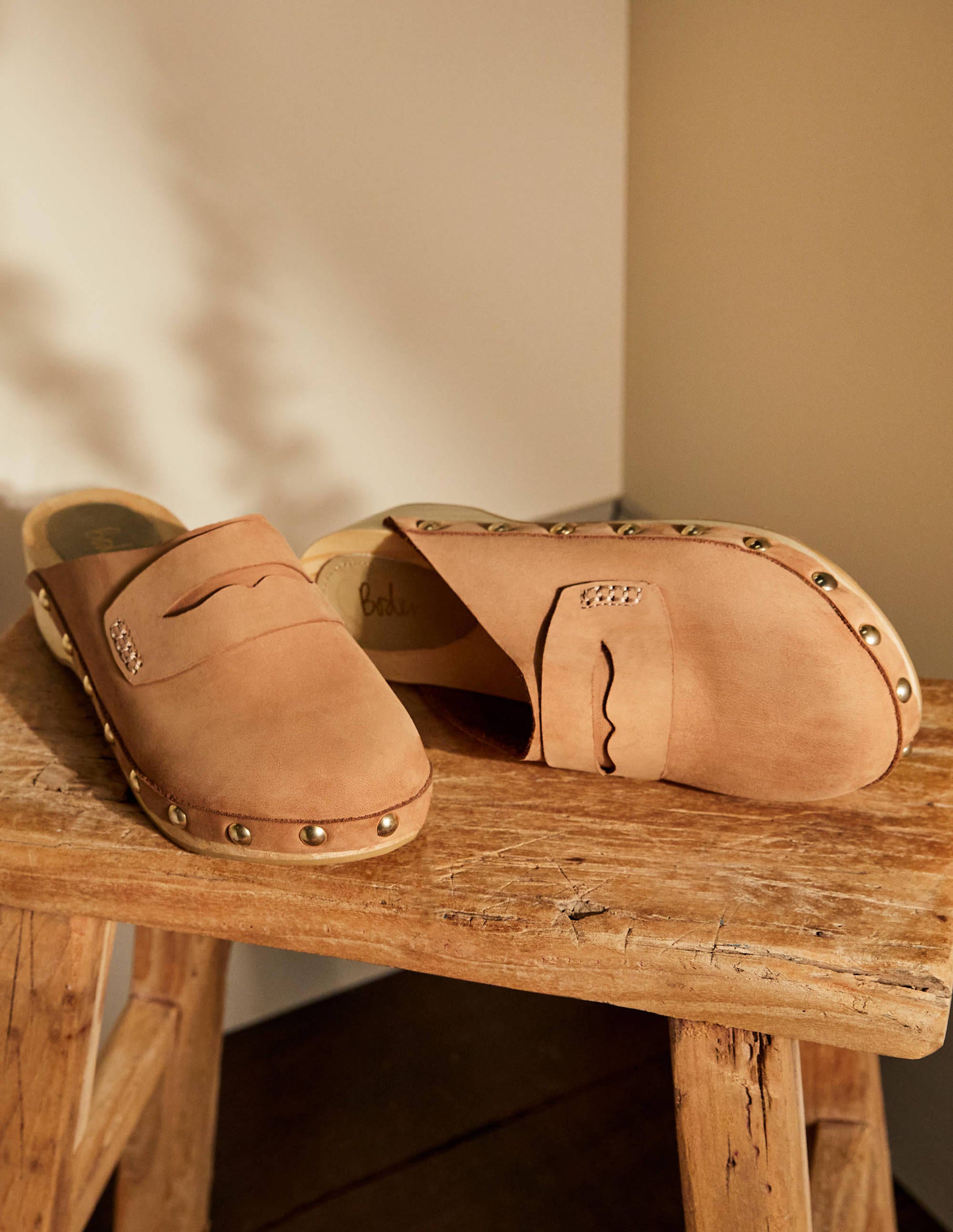 Leather Heeled Clogs-Tan - Image 1