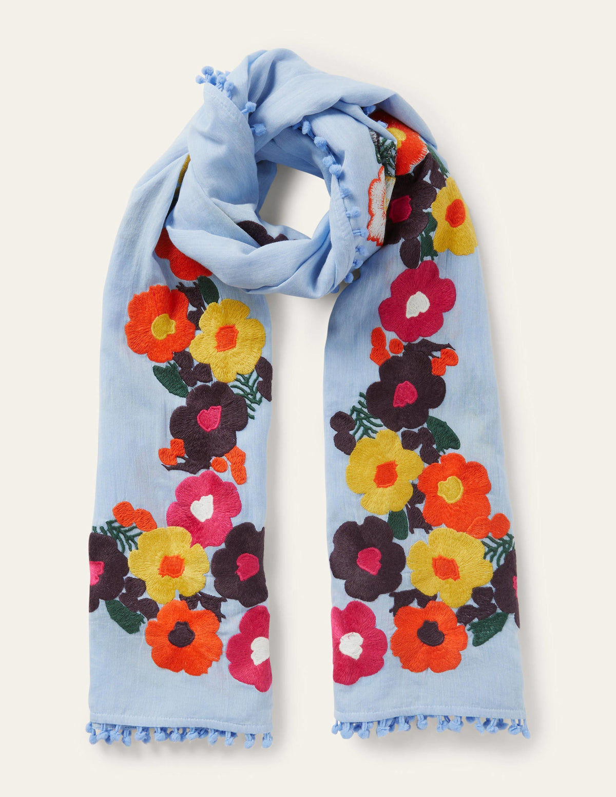 Foulard brodé à pompons-Bleu ancien, brodé - Image 2