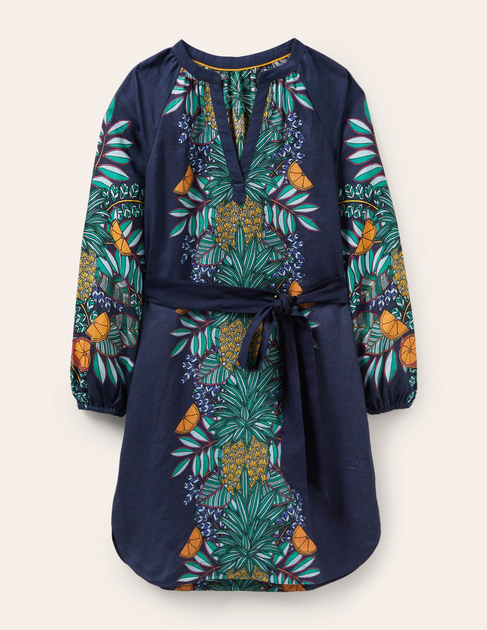 Notch Neck Linen Mini Dress-Navy, Pineapple Bloom - Image 5