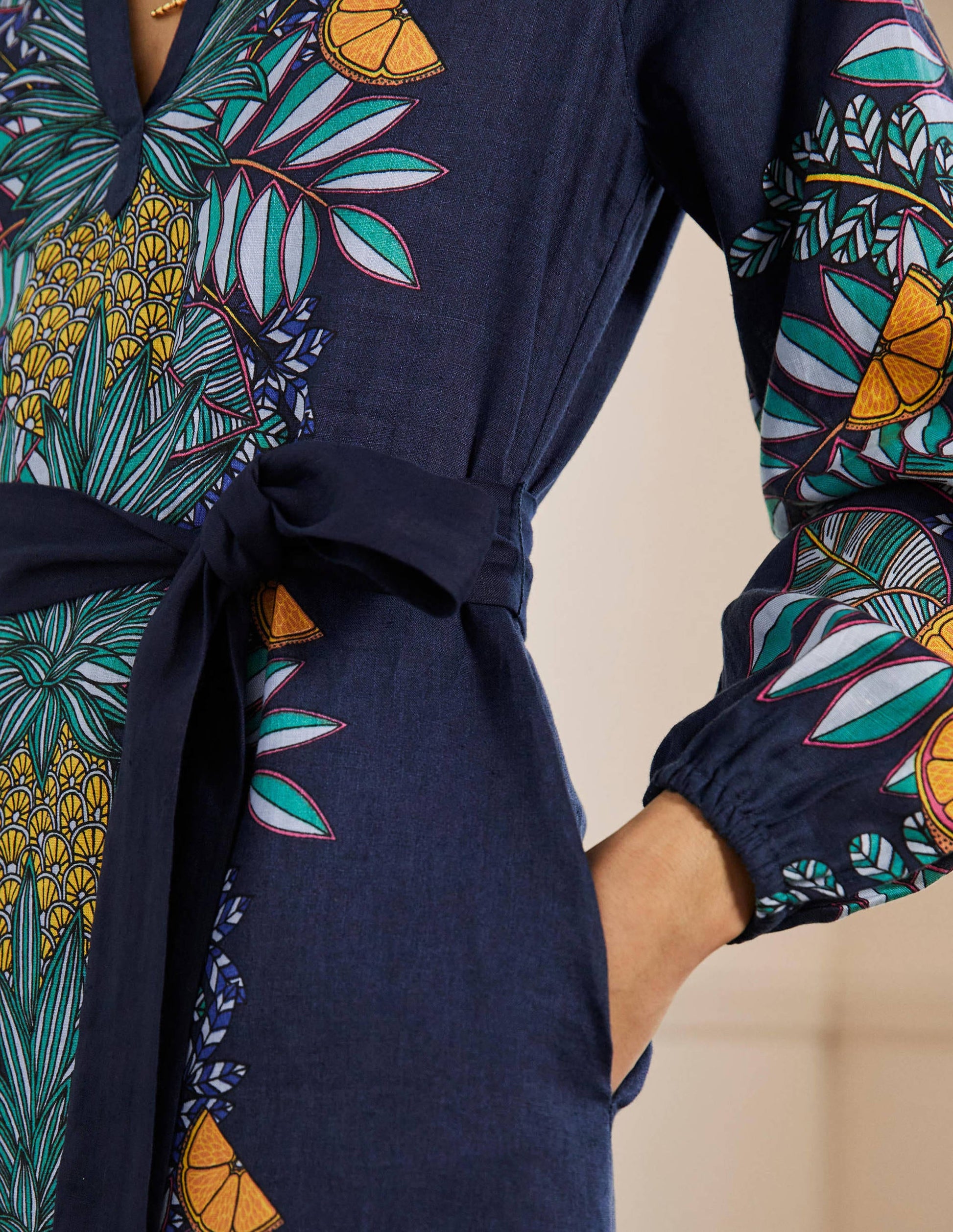 Notch Neck Linen Mini Dress-Navy, Pineapple Bloom-2
