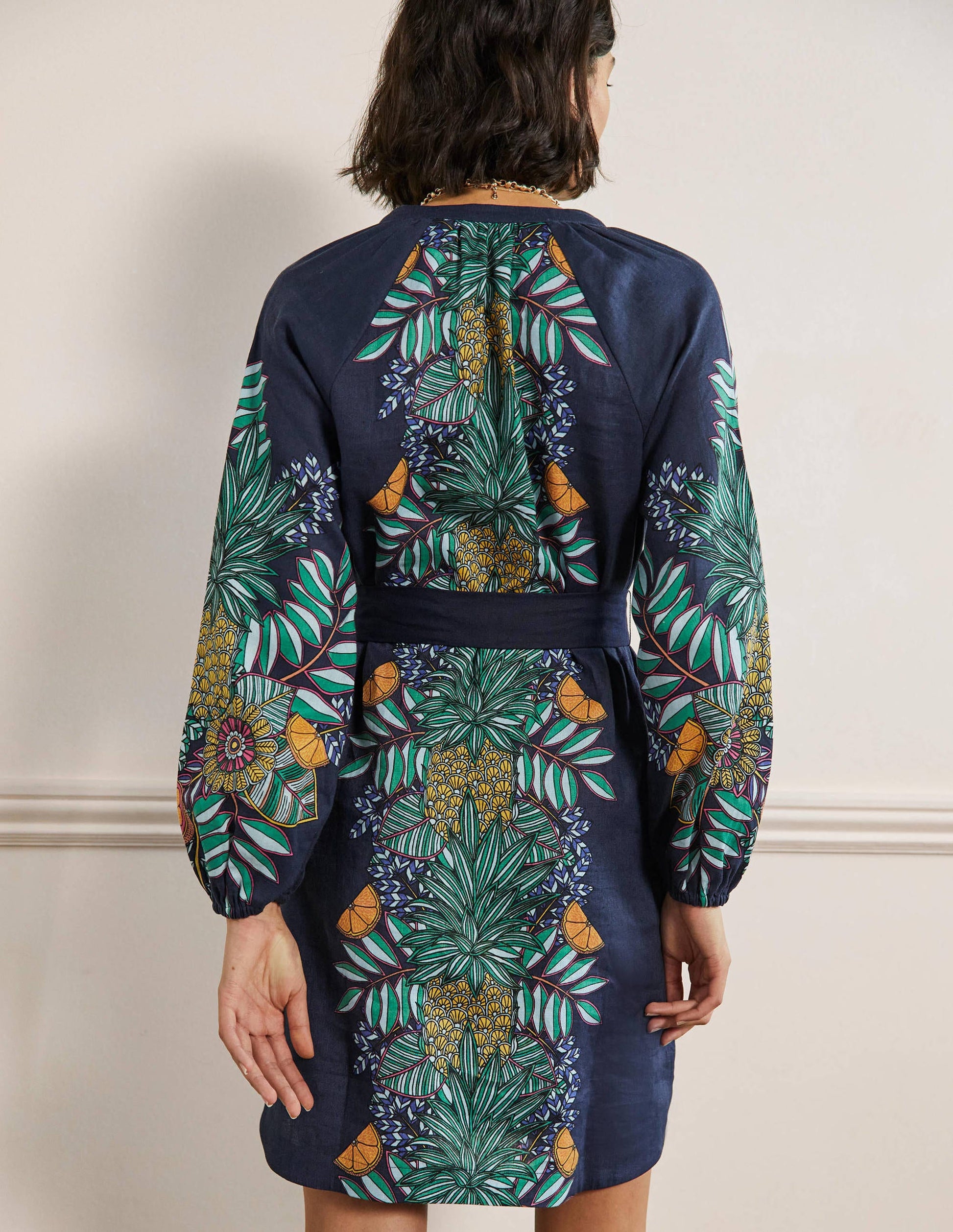 Notch Neck Linen Mini Dress-Navy, Pineapple Bloom-3