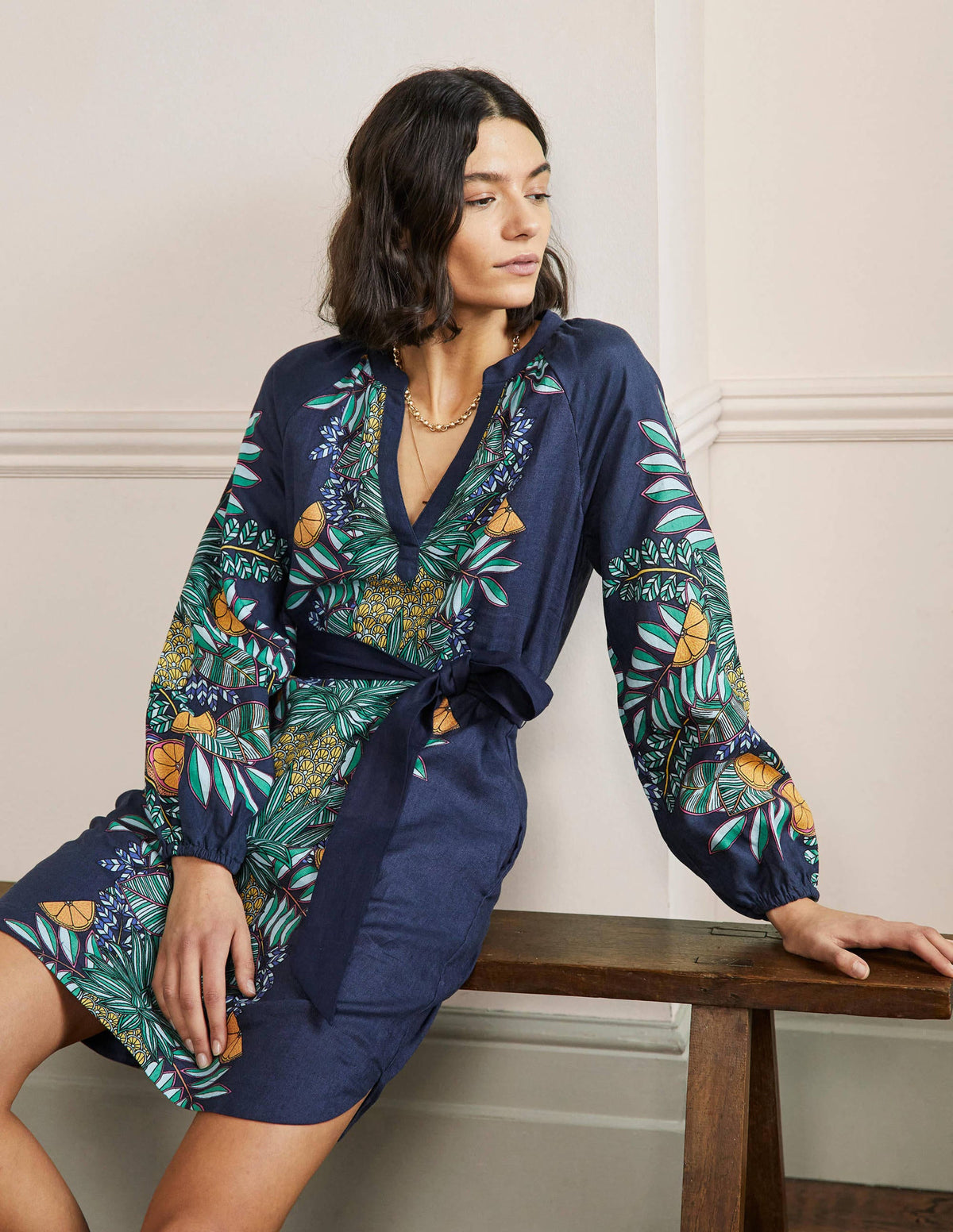 Notch Neck Linen Mini Dress-Navy, Pineapple Bloom - Image 4