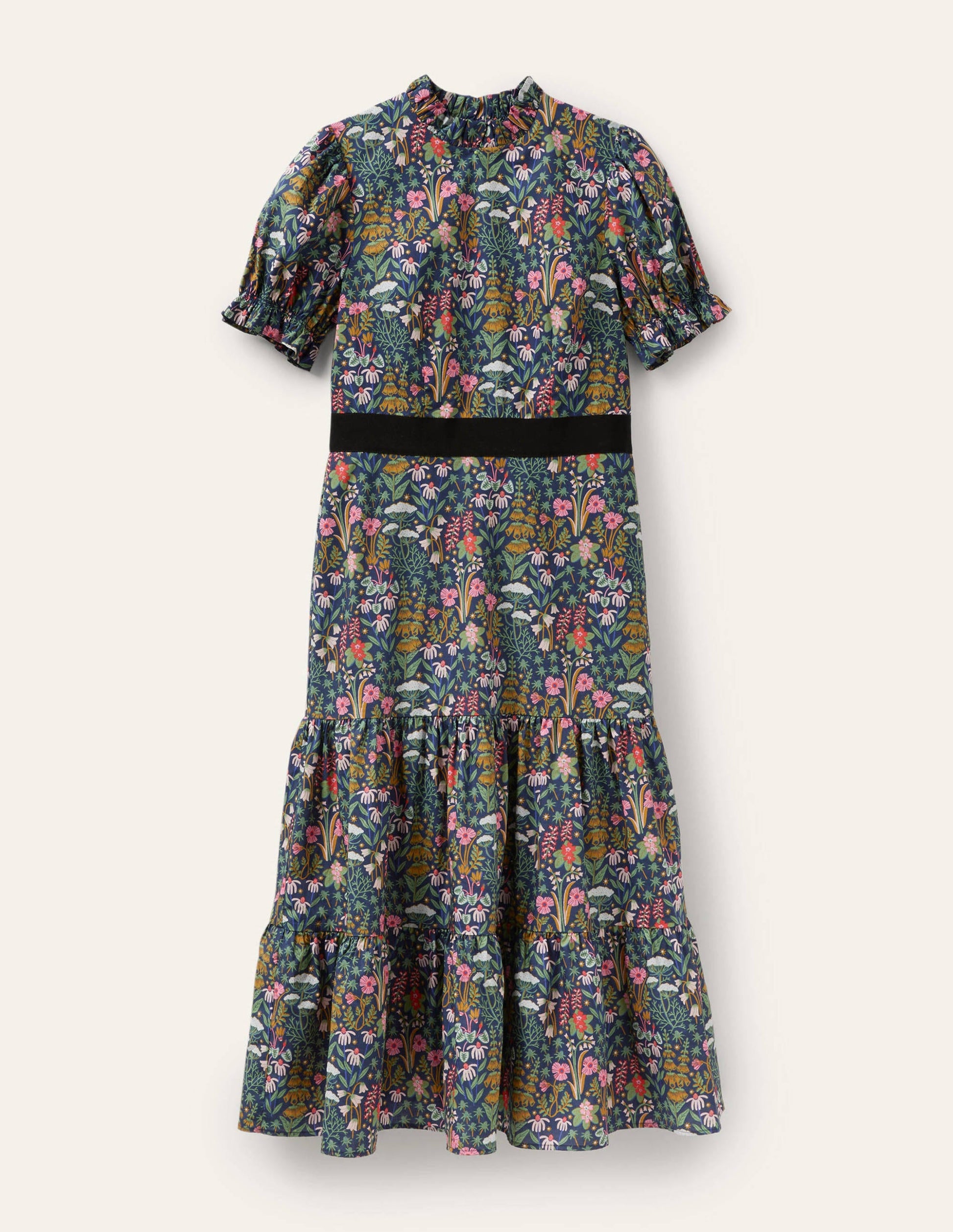 Robe midi volantée à col froufroutant-Bleu marine foncé, motif Wildflower Bloom-6