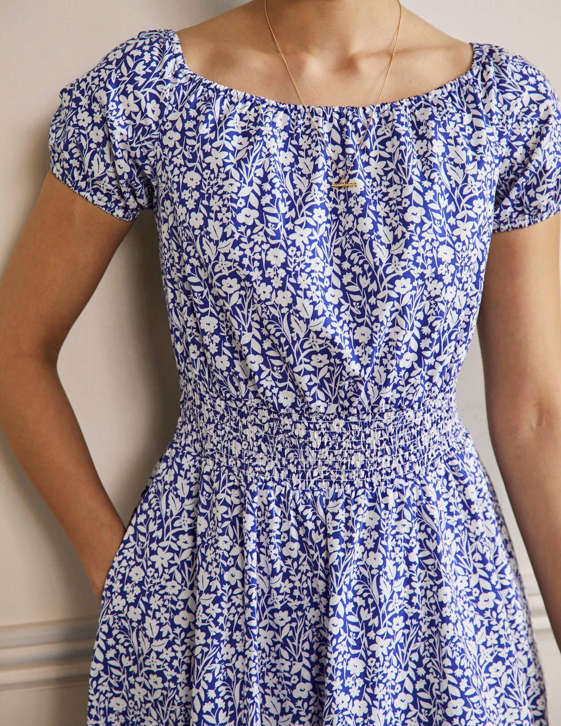Maxikleid mit Rundhalsausschnitt-Blau, Blumenmuster-4