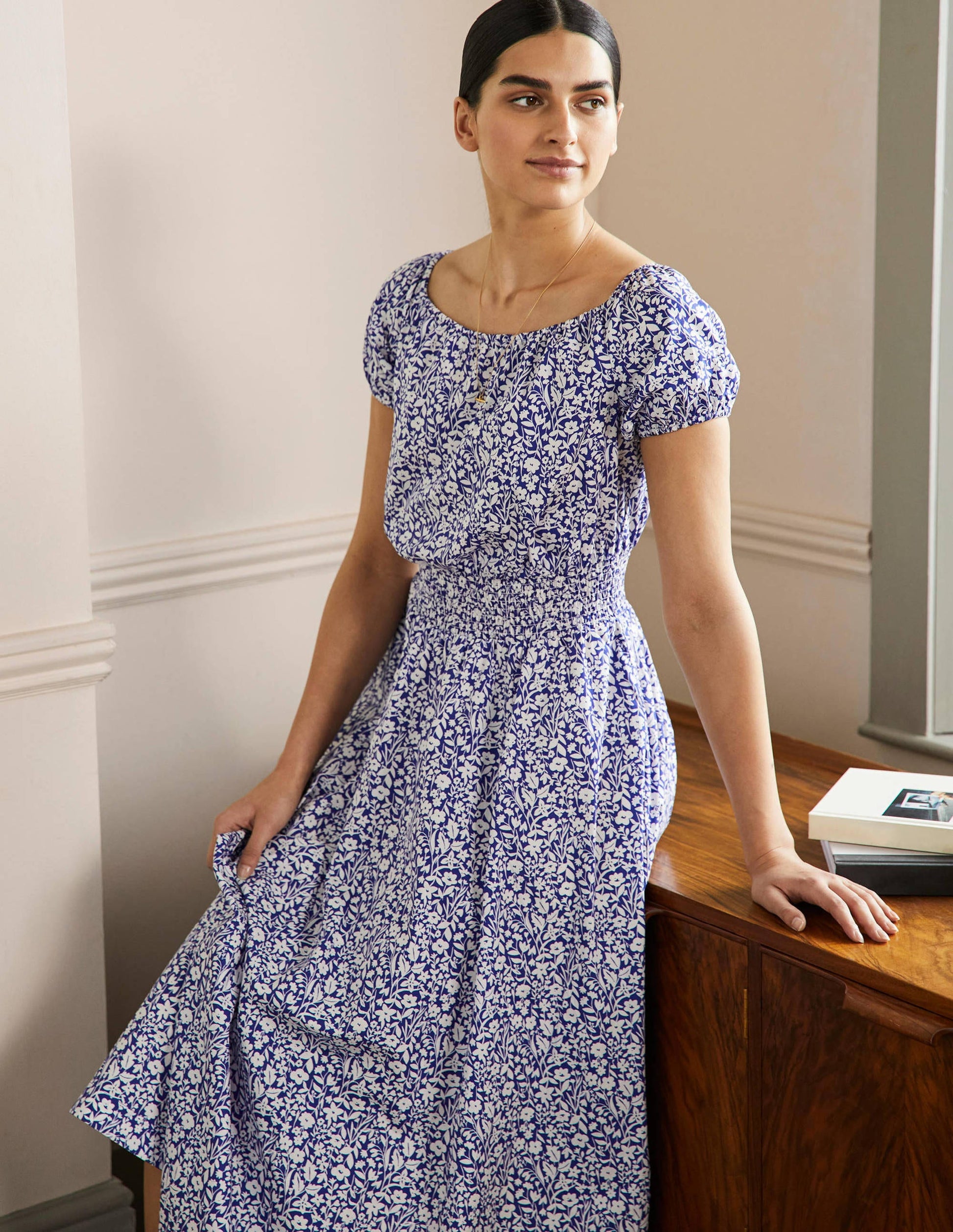 Maxikleid mit Rundhalsausschnitt-Blau, Blumenmuster-5