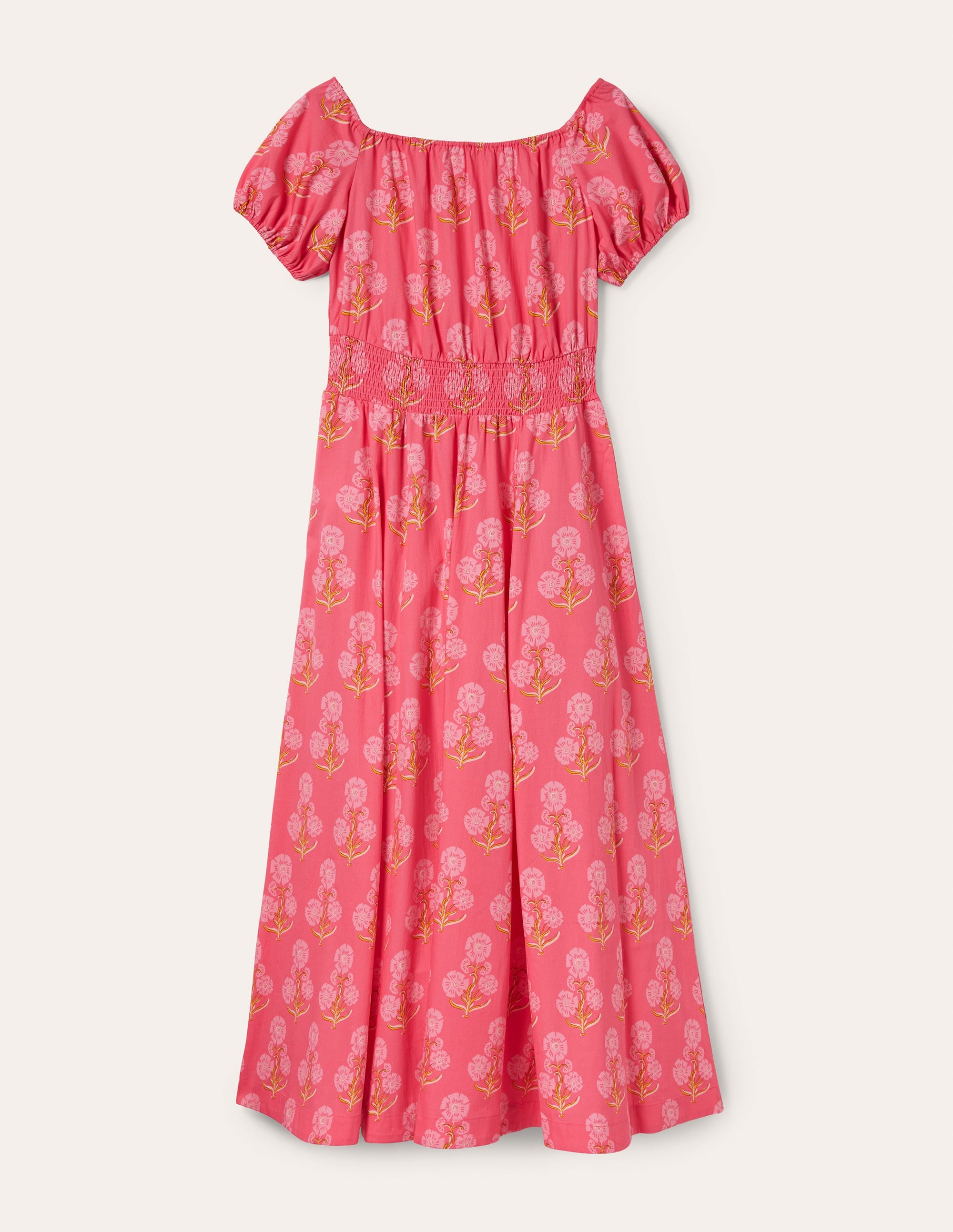 Maxikleid mit Rundhalsausschnitt-Korallenrot, Blumen-Holzschnittmuster - Image 7