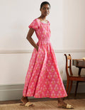 Maxikleid mit Rundhalsausschnitt-Korallenrot, Blumen-Holzschnittmuster