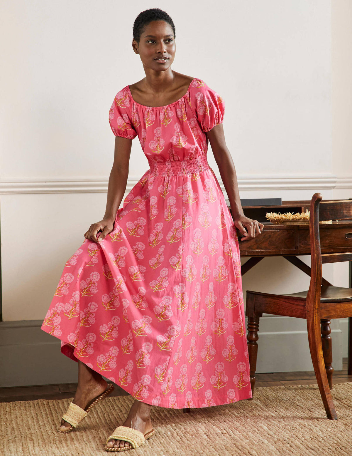 Maxikleid mit Rundhalsausschnitt-Korallenrot, Blumen-Holzschnittmuster - Image 4