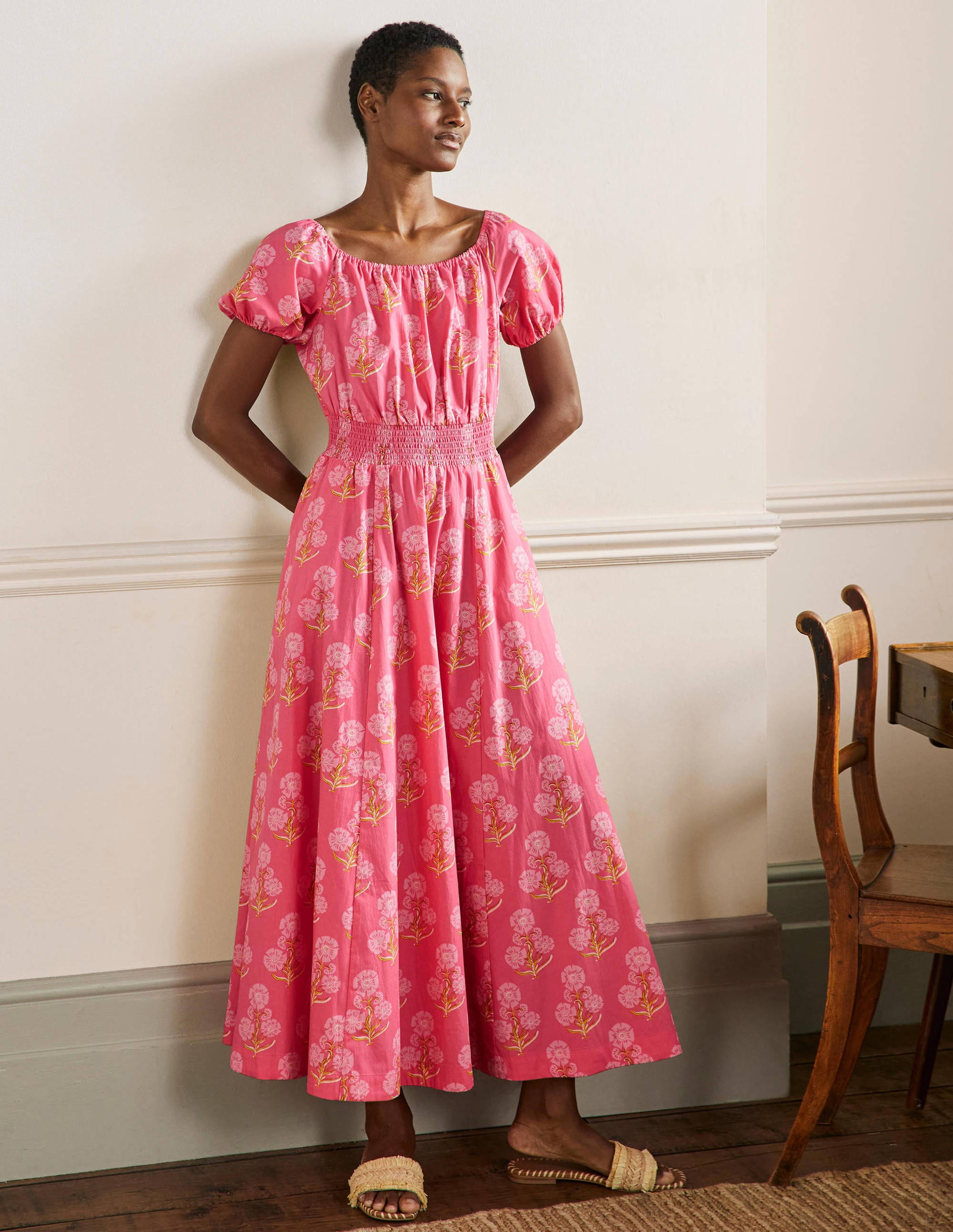 Maxikleid mit Rundhalsausschnitt-Korallenrot, Blumen-Holzschnittmuster - Image 5
