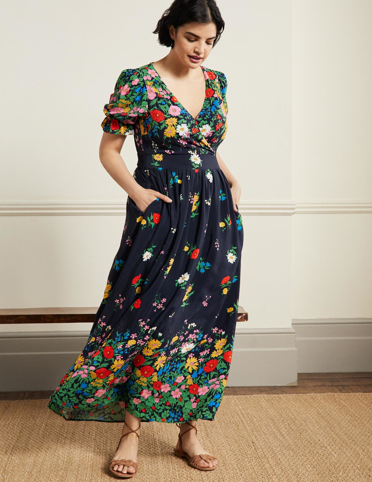 Robe longue Tessa-Bleu marine, motif Garden Blooms-5
