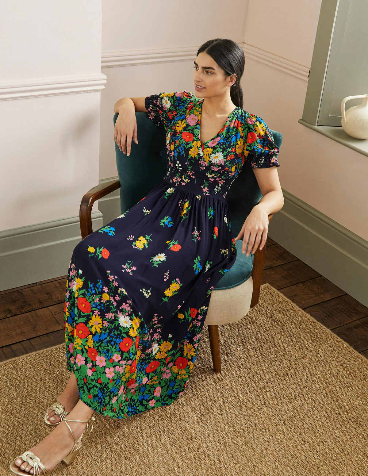 Robe longue Tessa-Bleu marine, motif Garden Blooms - Image 4