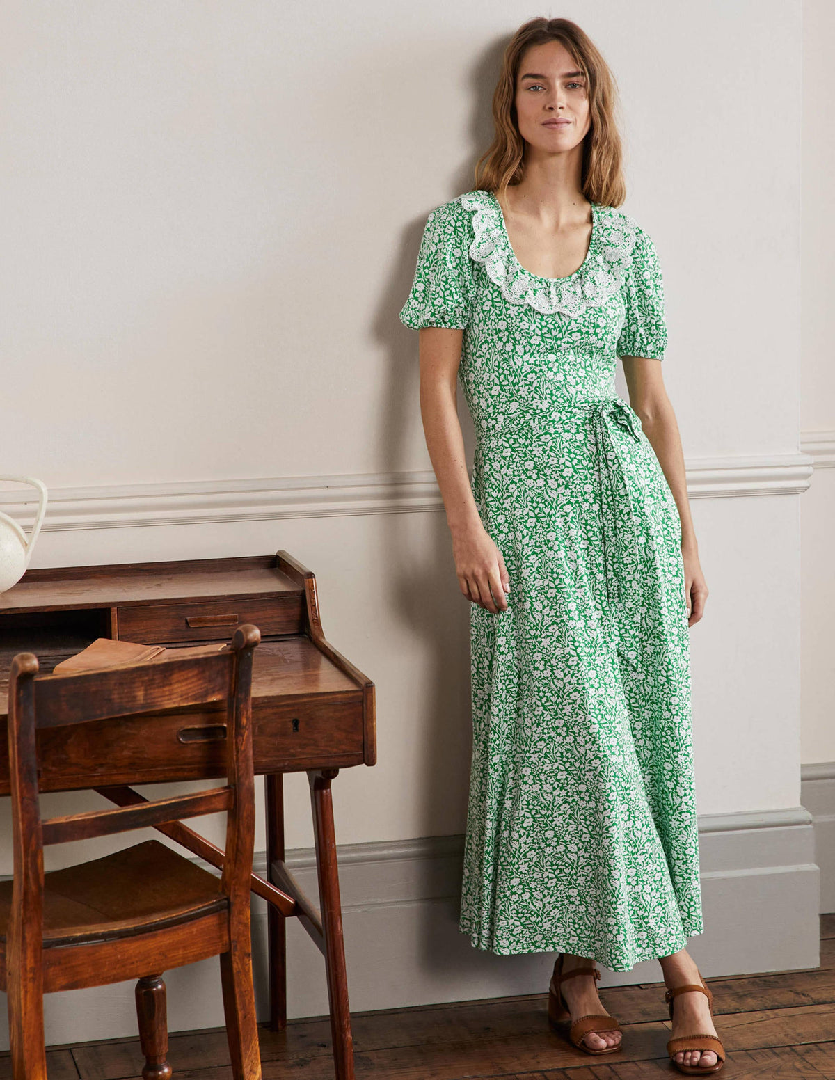 Trim Detail Jersey Midi Dress-Rich Emerald, Wildflower Sprig - Image 1