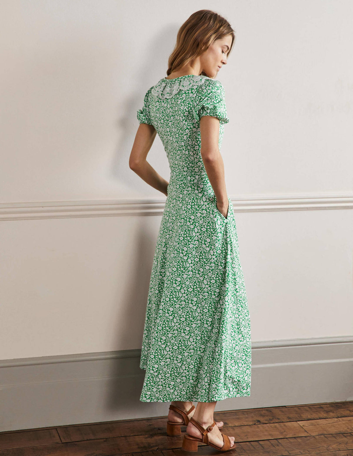 Trim Detail Jersey Midi Dress-Rich Emerald, Wildflower Sprig - Image 3