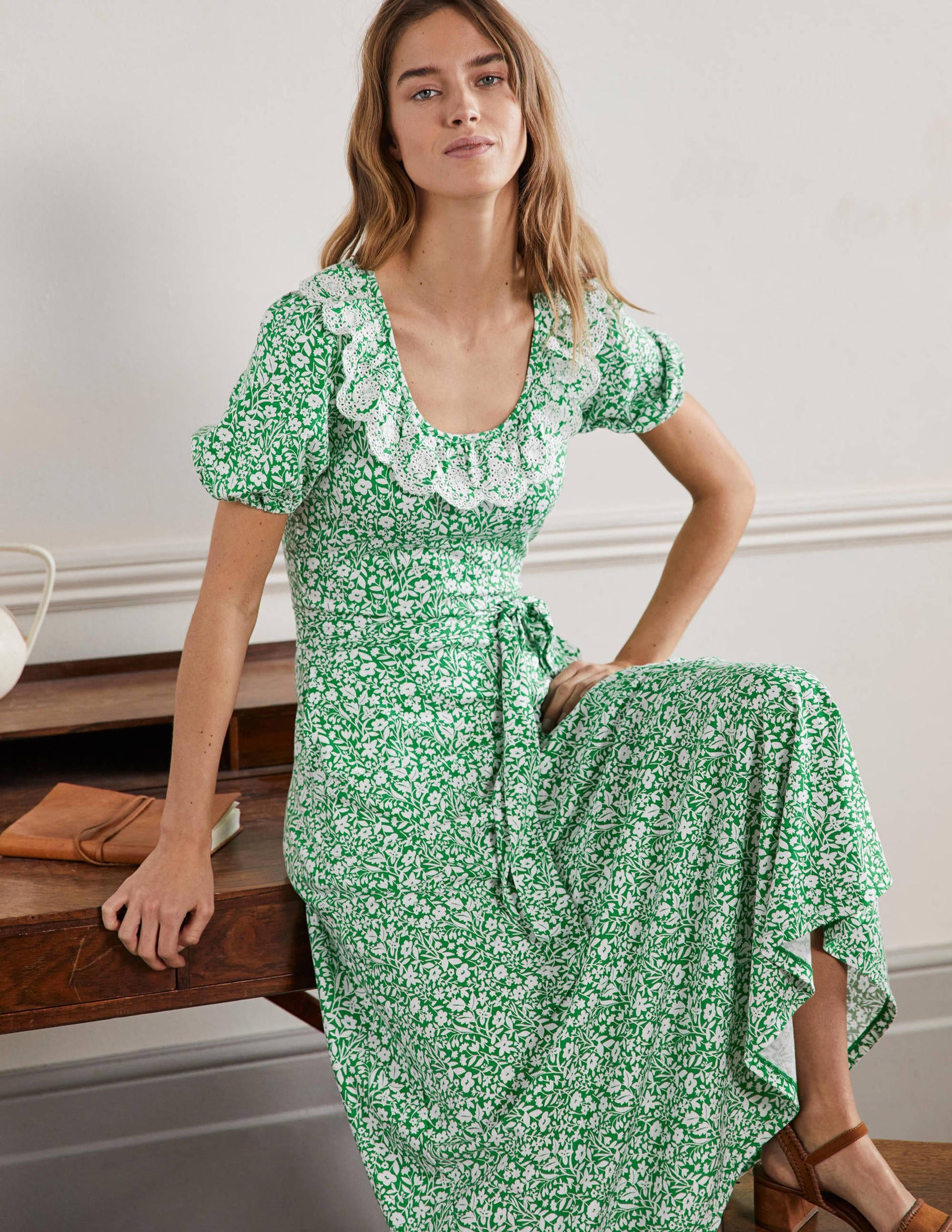 Trim Detail Jersey Midi Dress-Rich Emerald, Wildflower Sprig-4