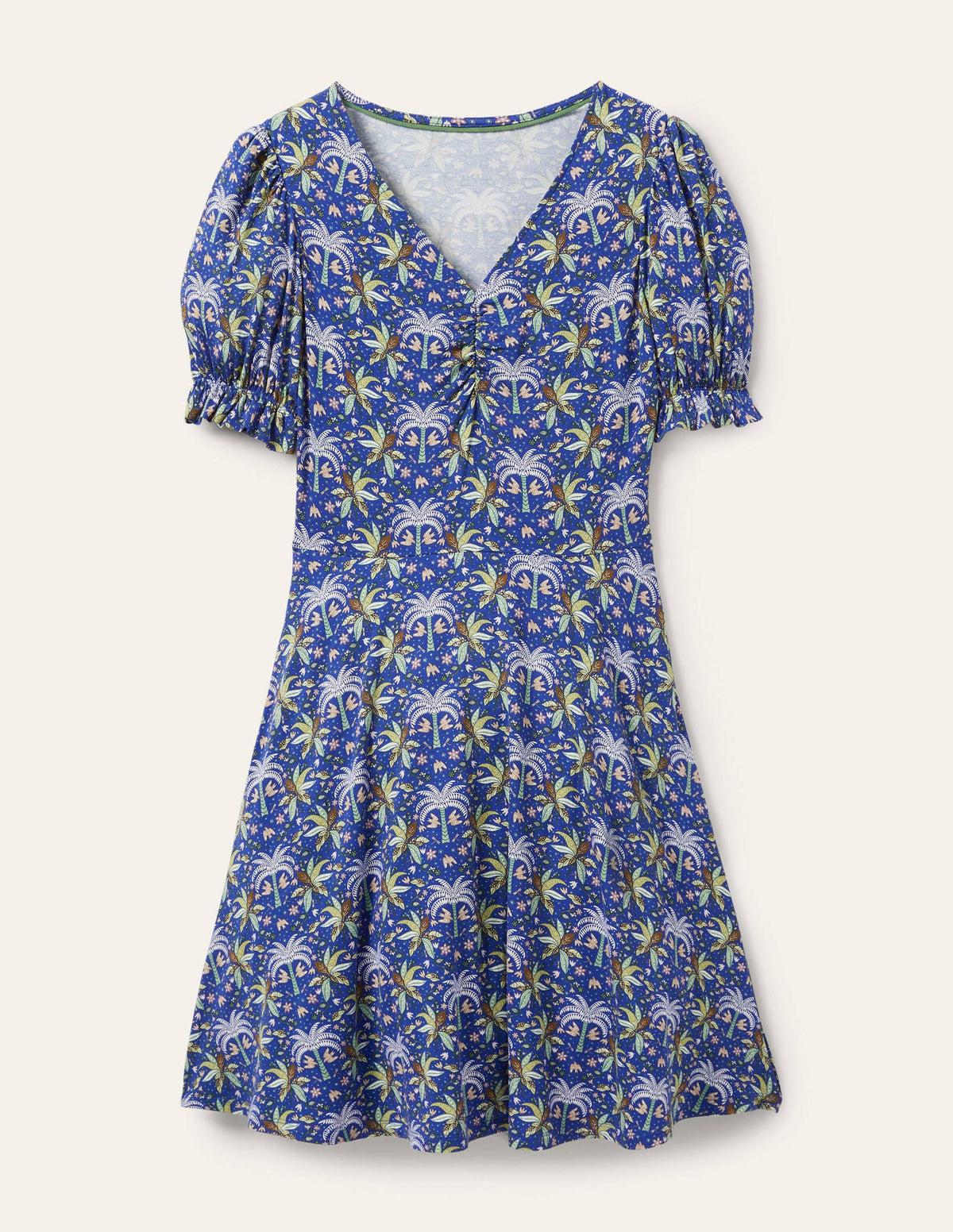 Jerseykleid mit V-Ausschnitt-Meeresblau, Orientalisches Palmenmuster - Image 5