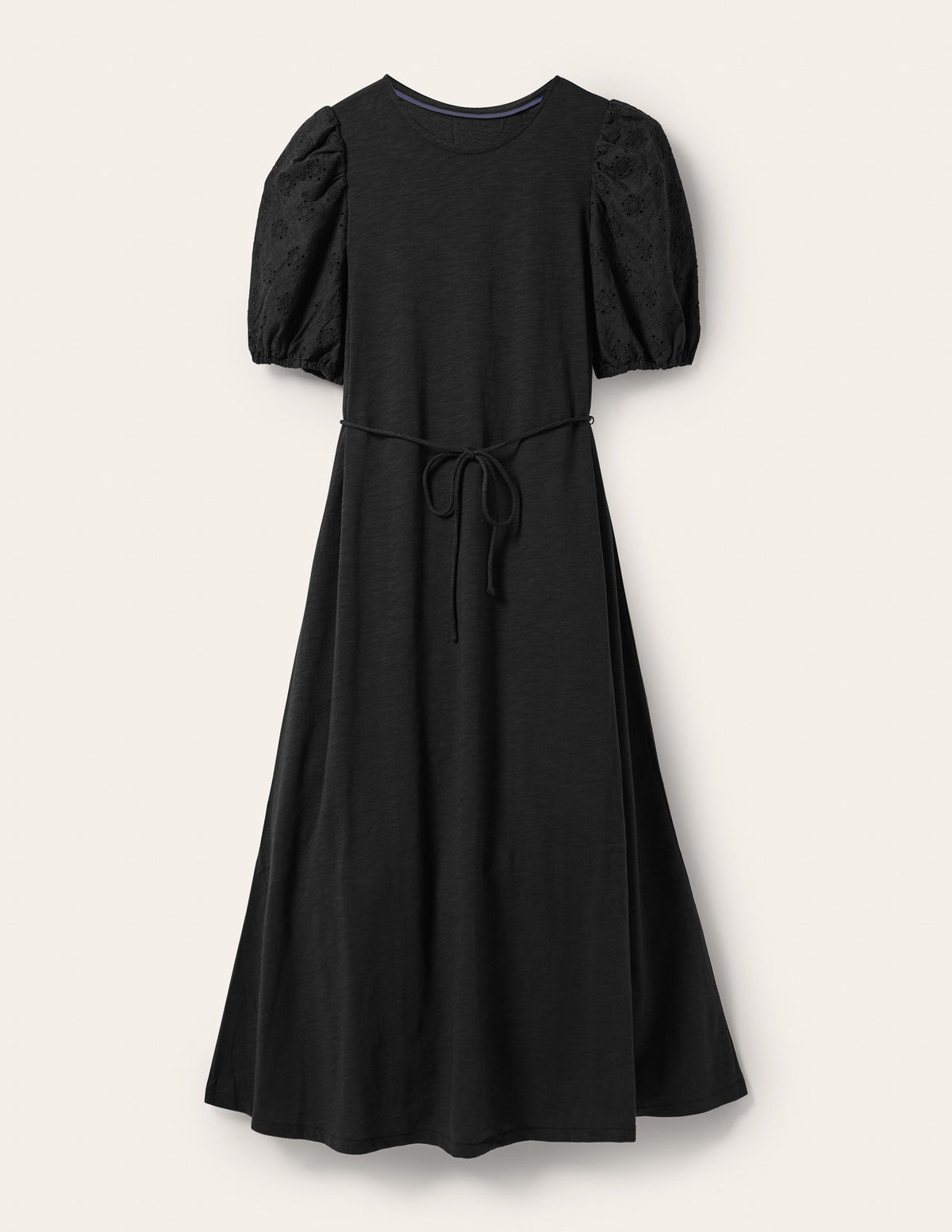 Robe midi en jersey mélangé à broderie anglaise-Noir-5