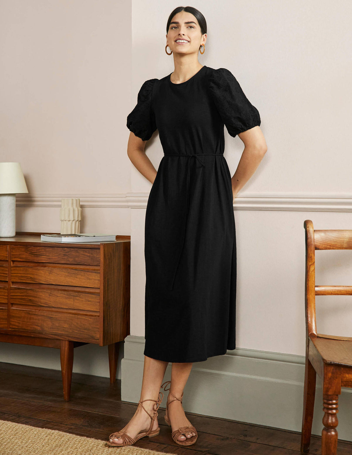 Robe midi en jersey mélangé à broderie anglaise-Noir - Image 4
