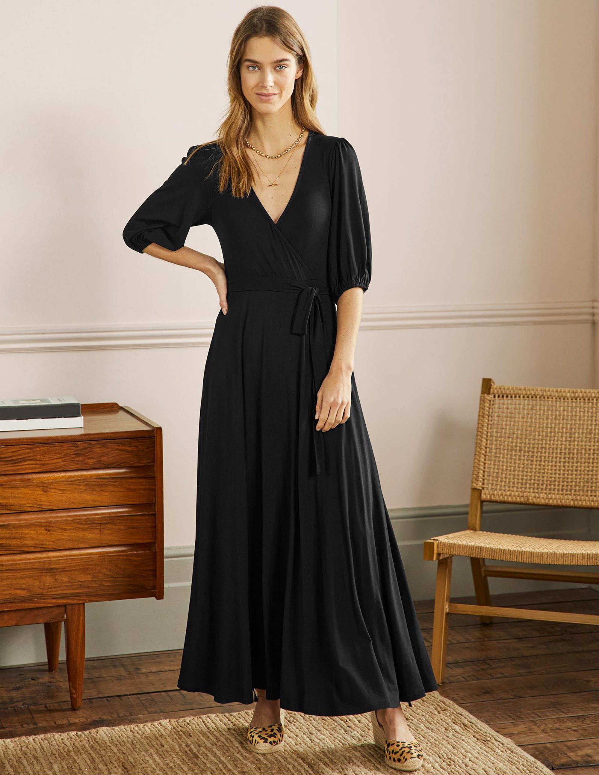 Jersey-Maxikleid mit fixierter Wickeloptik-Schwarz - Image 1
