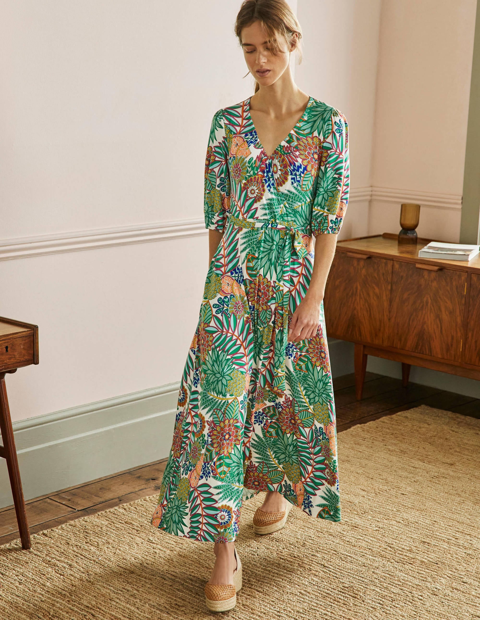 Fixed Wrap Jersey Maxi Dress-Green, Pineapple Bloom - Image 1