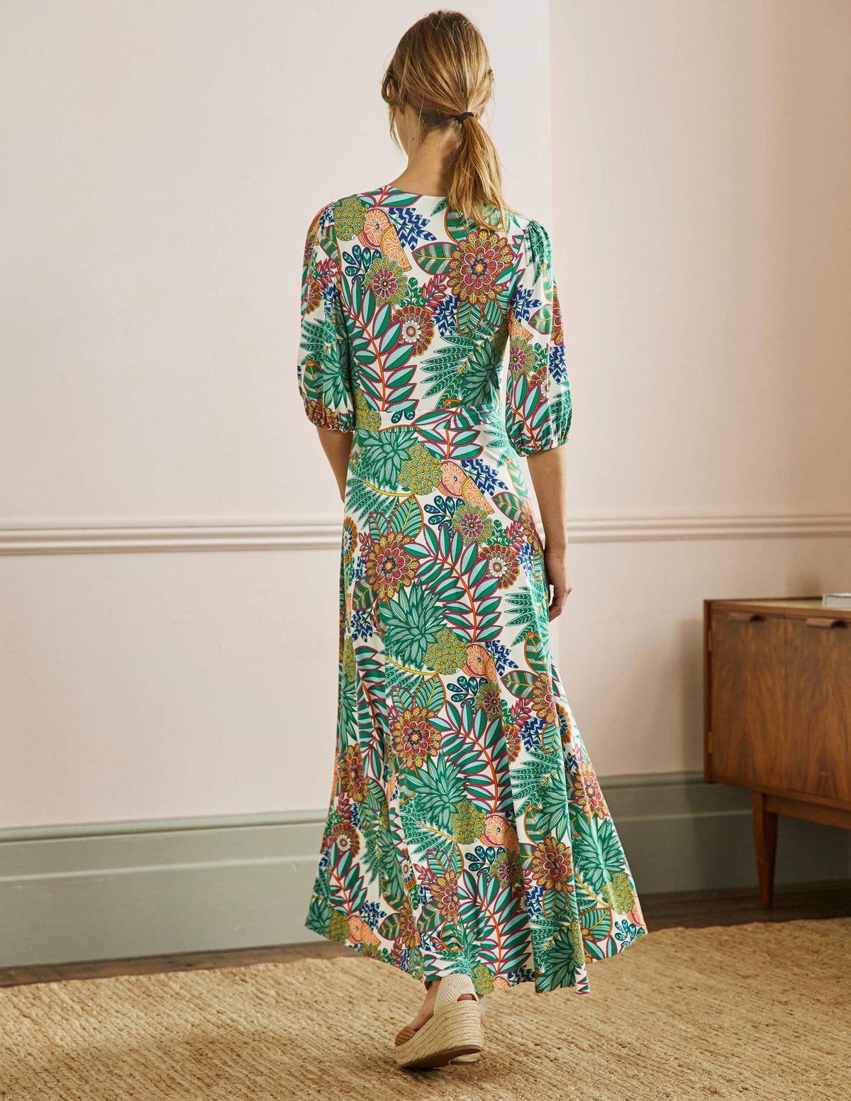 Fixed Wrap Jersey Maxi Dress-Green, Pineapple Bloom-3