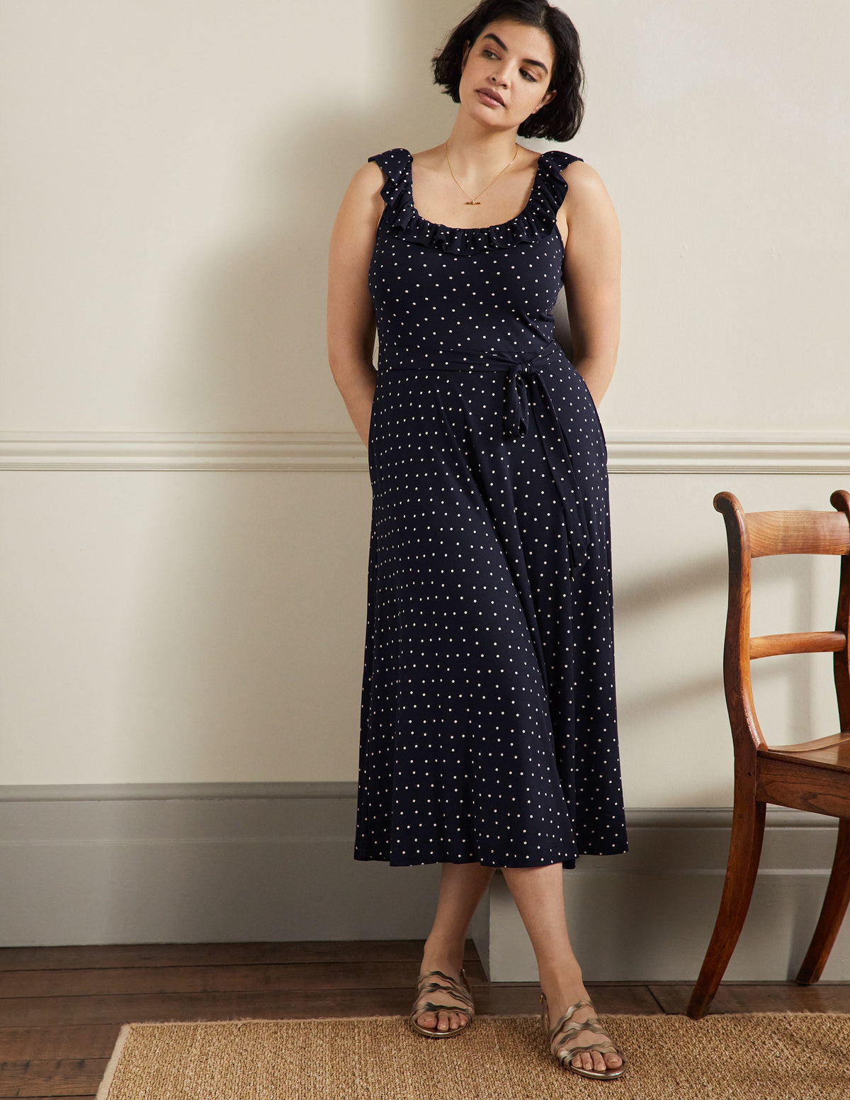 Jersey-Midikleid mit Rüschenkragen-Französisches Navy, Pünktchen-6
